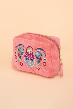 Powder Velvet Embroidered Pouch/Make-up-Bag Matryoshka Doll Petal - BouChic 