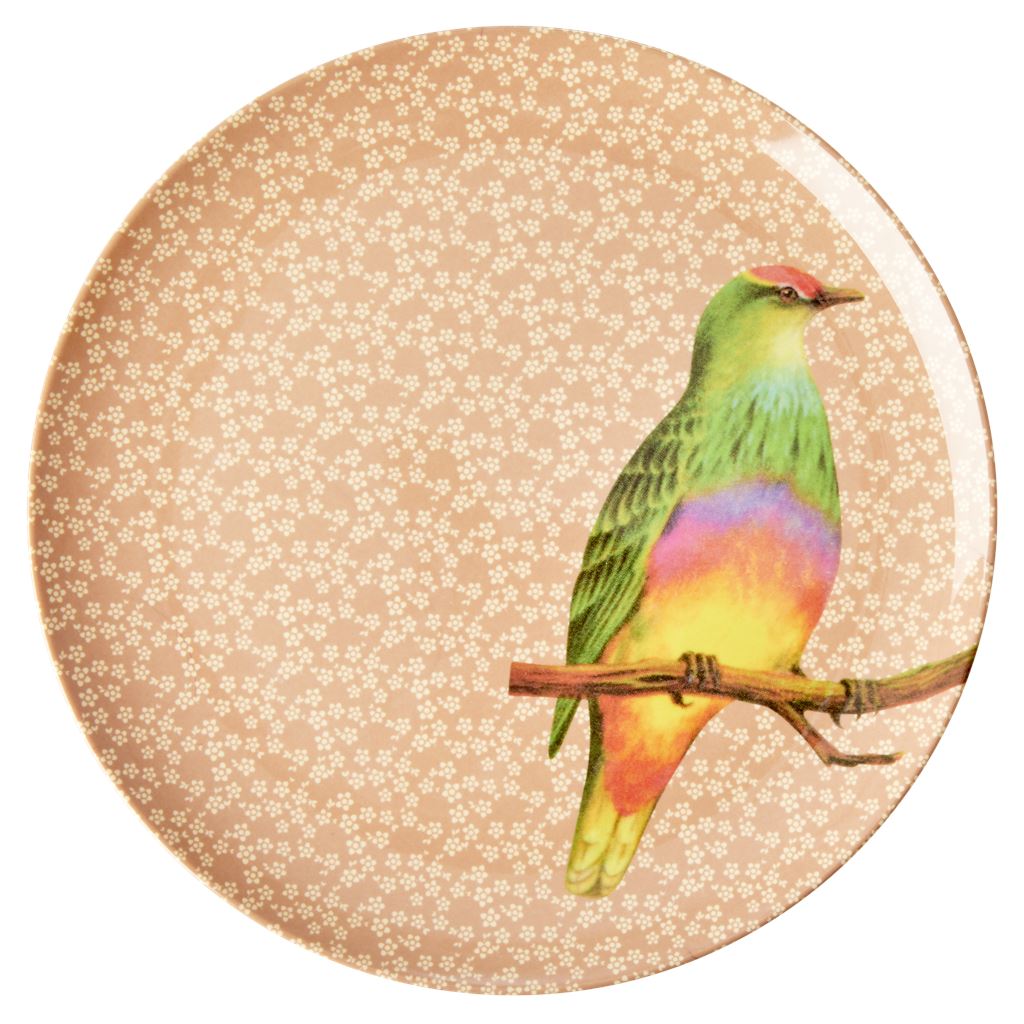 Melamine Large Round Plate Colourful Bird on Light Pink - BouChic 