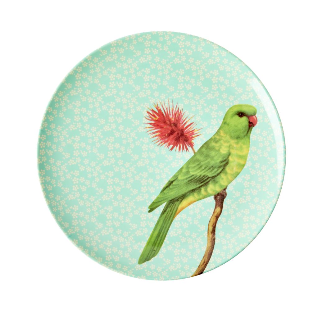 Melamine Small Round Side Plate Green Bird On Pale Blue - BouChic 
