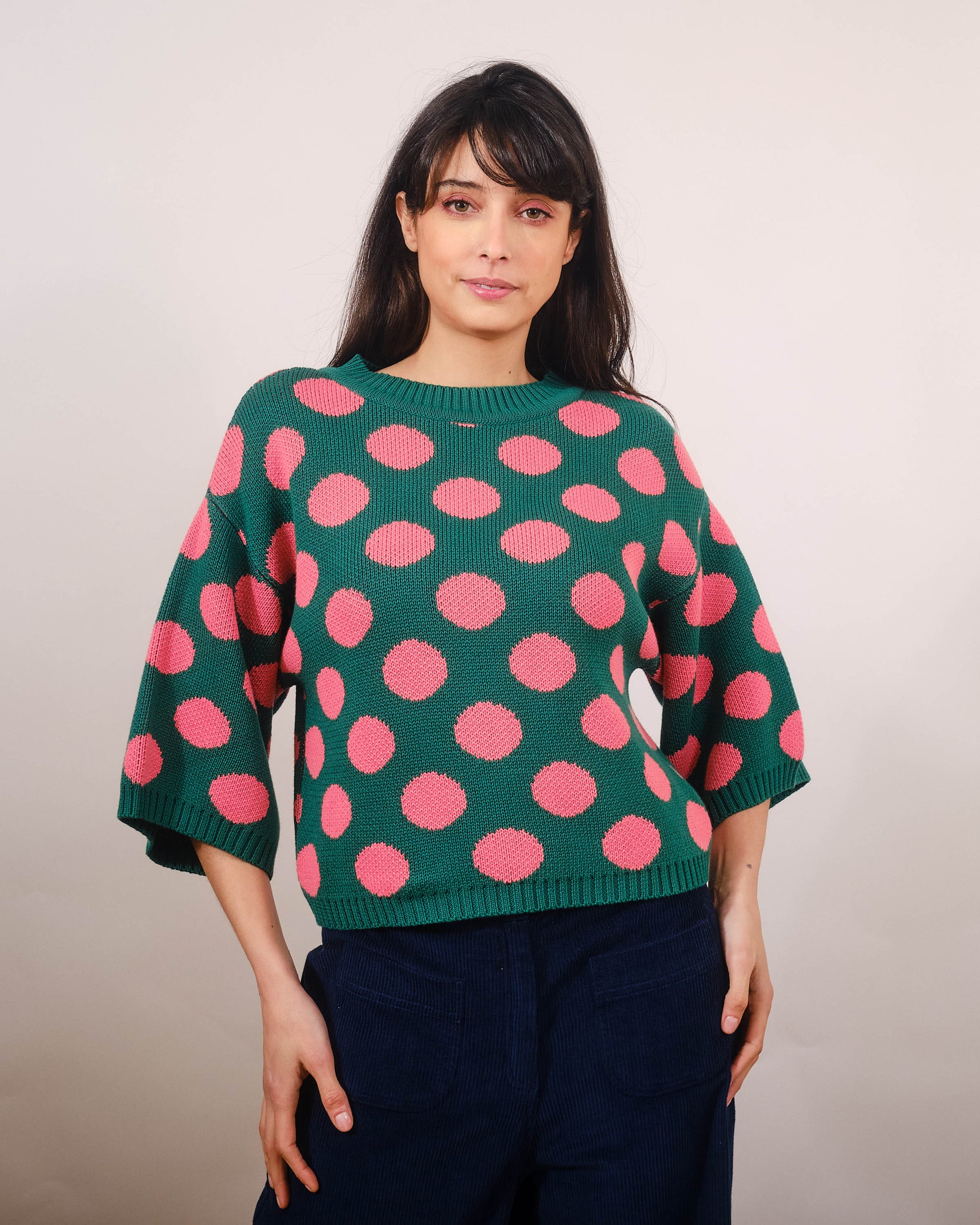 Pretty Vacant Roma 3/4 Sleeve Green/Pink Polka Jumper