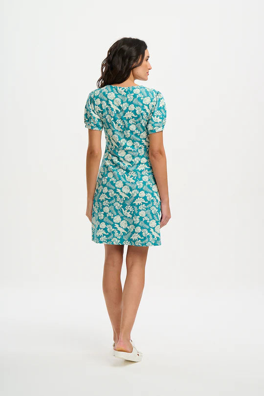 Annette V-Neck Jersey Dress - Teal, Dinosaur Stamp - BouChic 