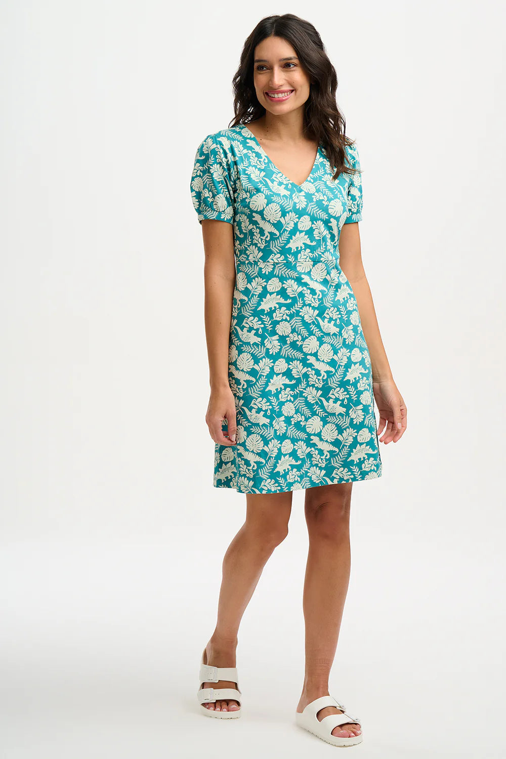 Annette V-Neck Jersey Dress - Teal, Dinosaur Stamp - BouChic 