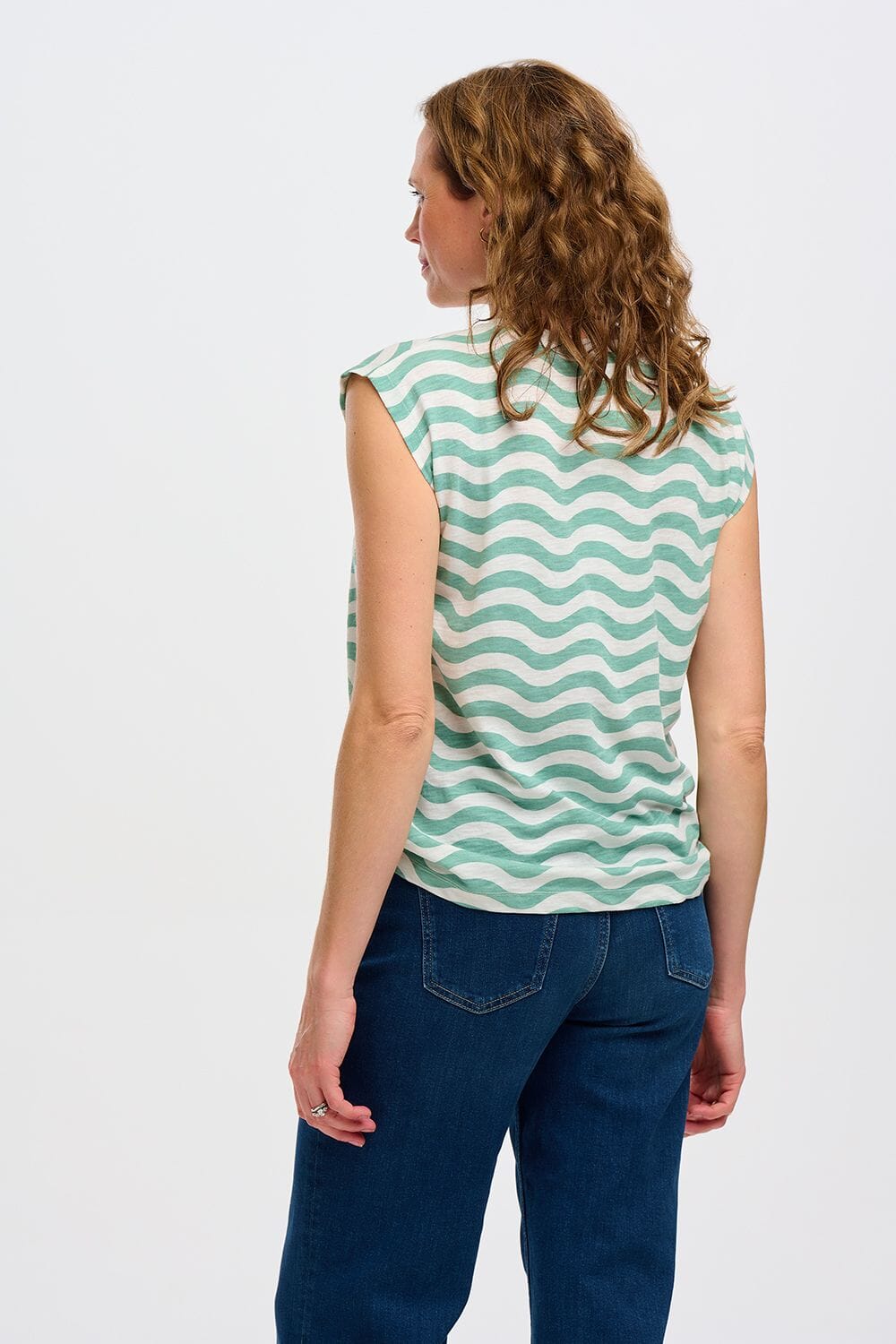 Chrissy Relaxed Tank T-shirt - Off-White/Sea Green, Wavy Stripes - BouChic 