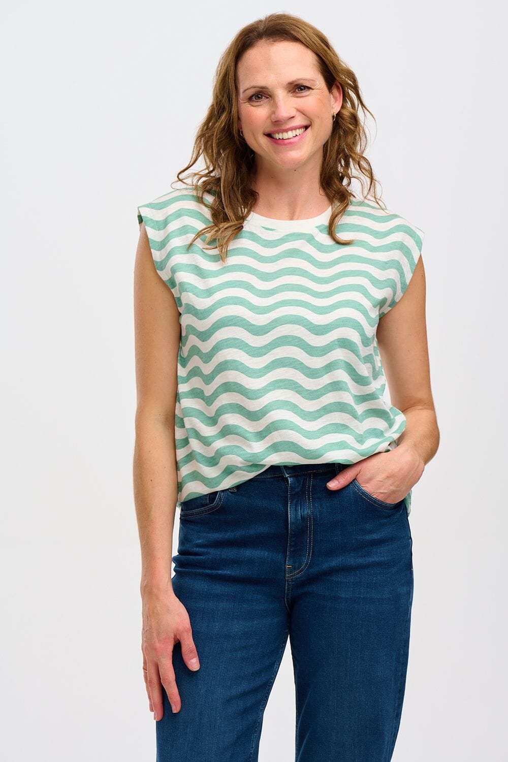 Chrissy Relaxed Tank T-shirt - Off-White/Sea Green, Wavy Stripes - BouChic 