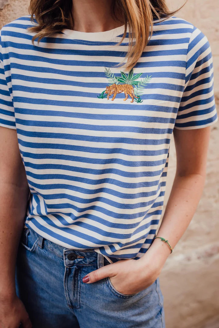 Maggie T-shirt - Blue/White, Tiger Embroidery - BouChic 