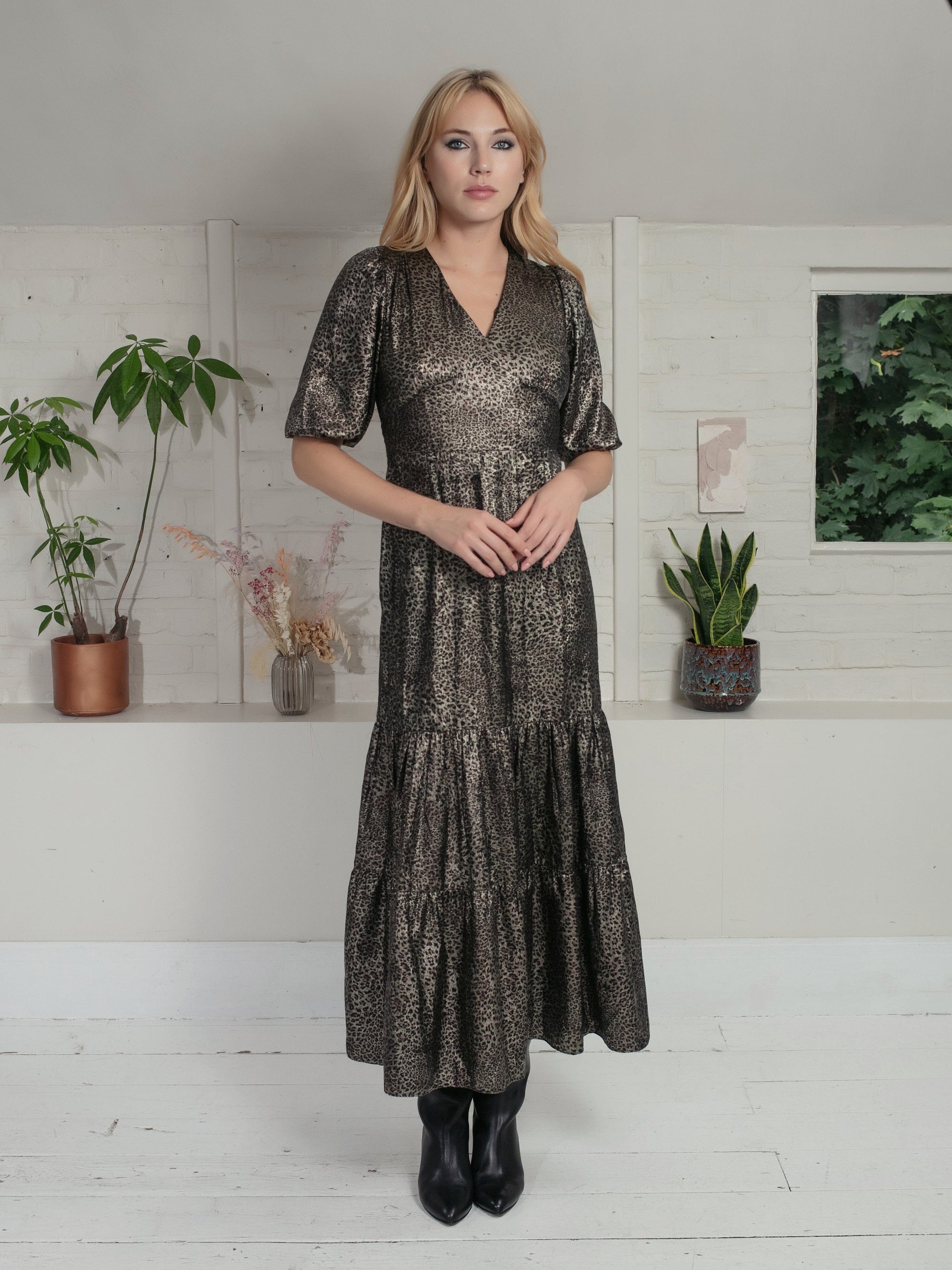 Nooki Vivianna Lame Dress In Gold Leopard Dress BouChic 