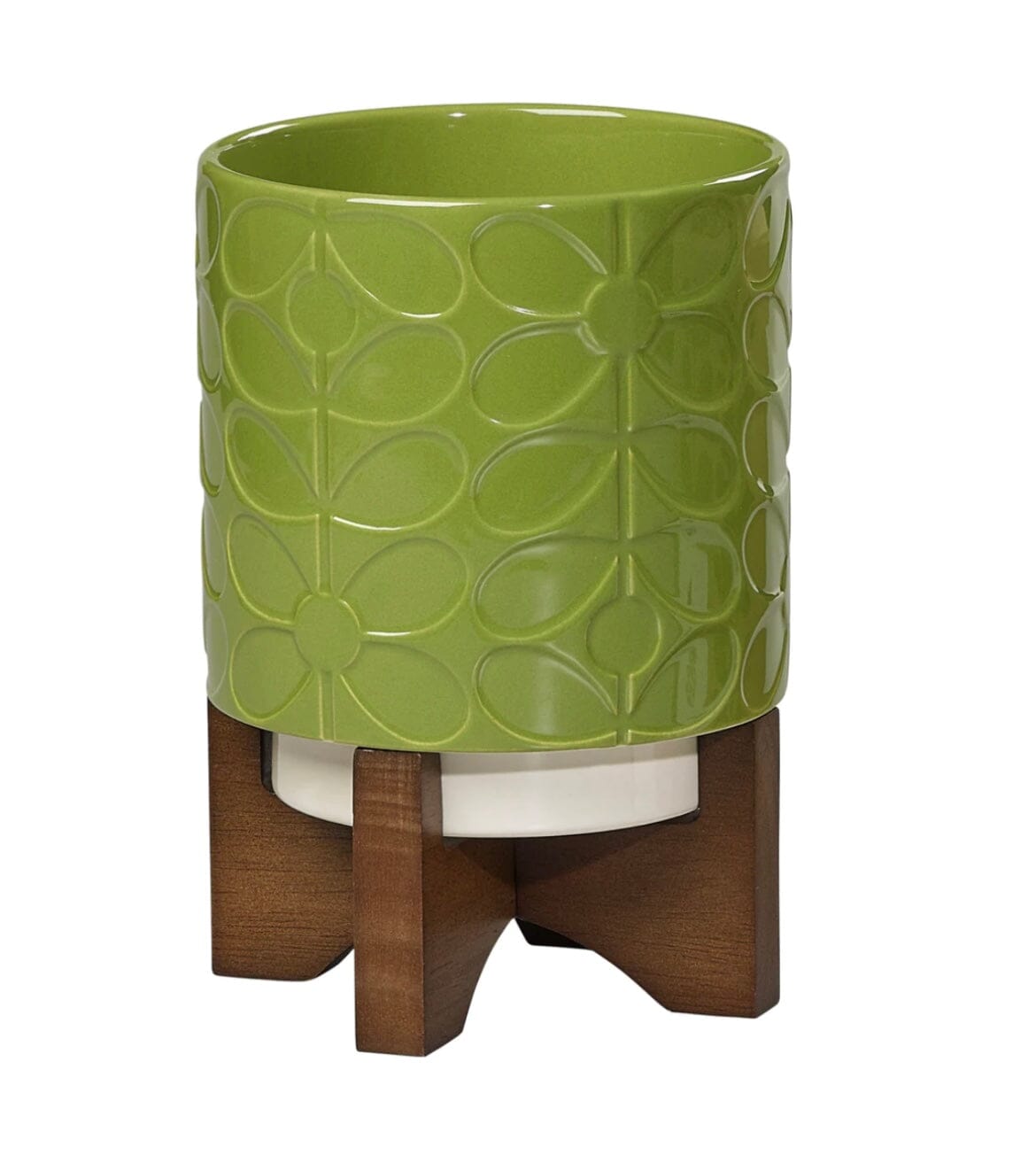 Orla Kiely Ceramic Plant Pot On Wooden Stand Sixties Stem Sky - BouChic 
