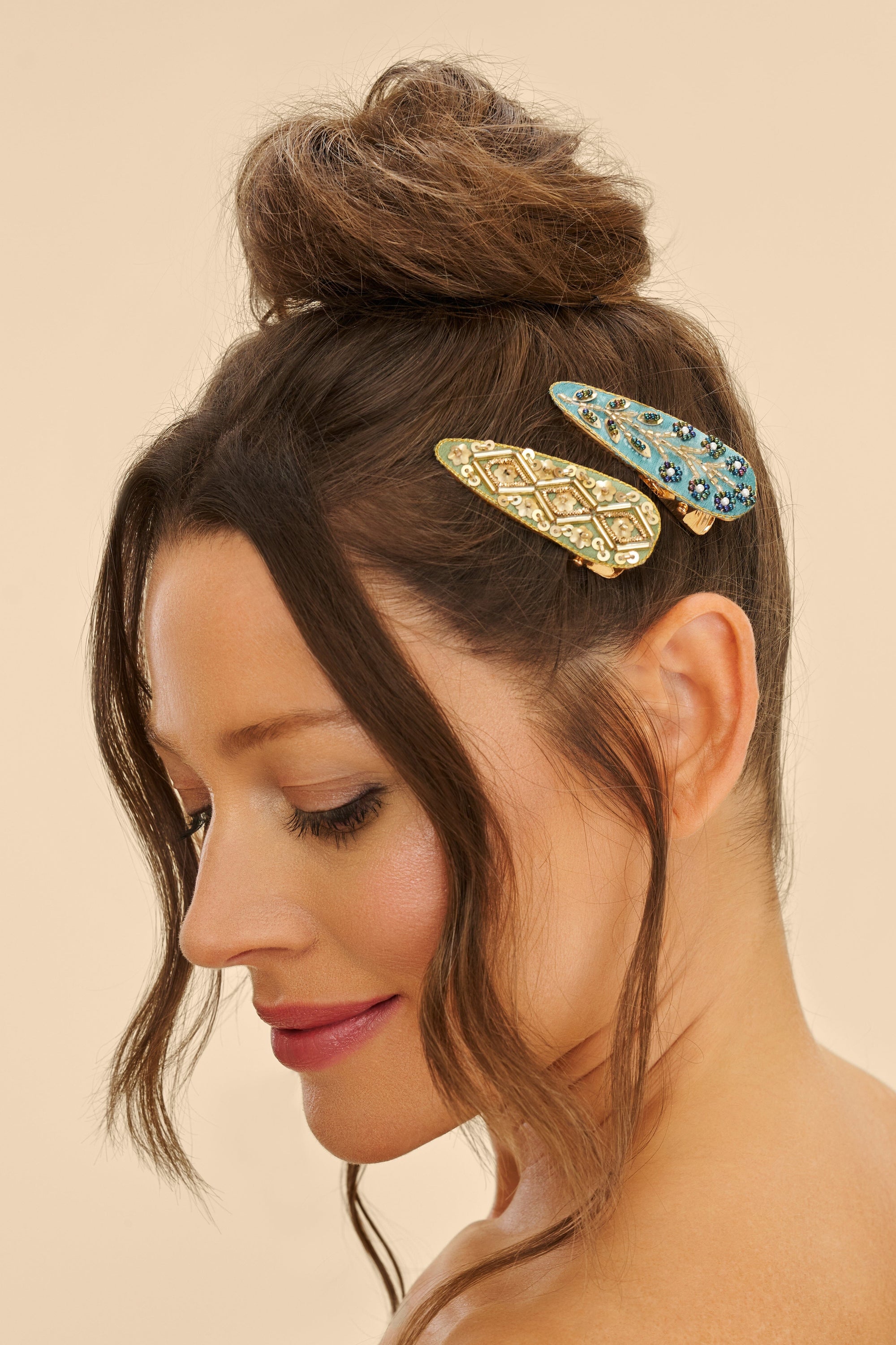 Powder Jewelled Hair Clips (Set of 2) - Tile & Wheat, Sage & Teal Abstract Cream & Sage - BouChic 