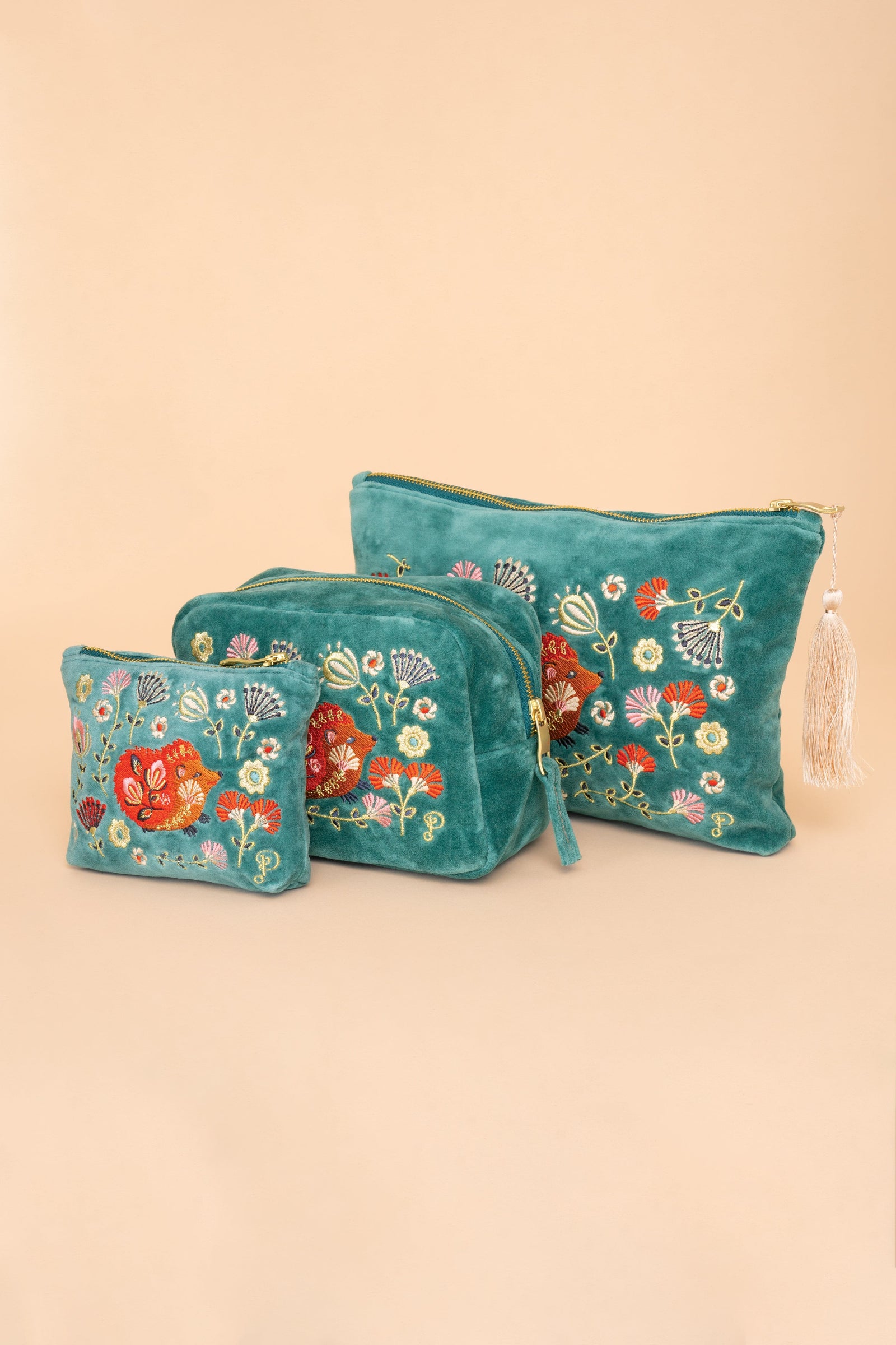 Powder Velvet Embroidered Make-Up Bag/Zip Pouch Folk Art Hedgehog Aqua - BouChic 