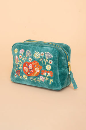 Powder Velvet Embroidered Make-Up Bag/Zip Pouch Folk Art Hedgehog Aqua - BouChic 