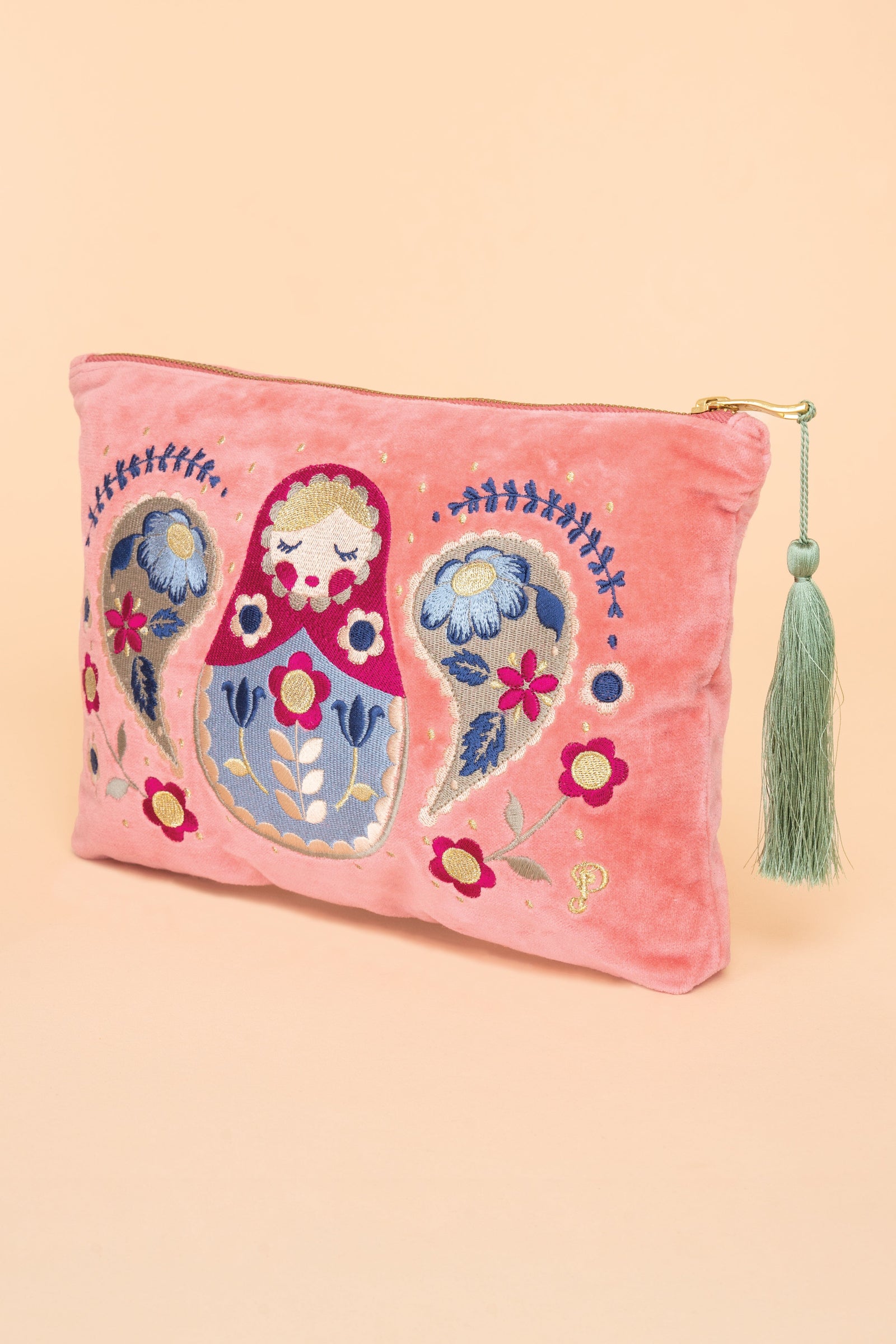 Powder Velvet Embroidered Pouch/Make-up-Bag Matryoshka Doll Petal - BouChic 
