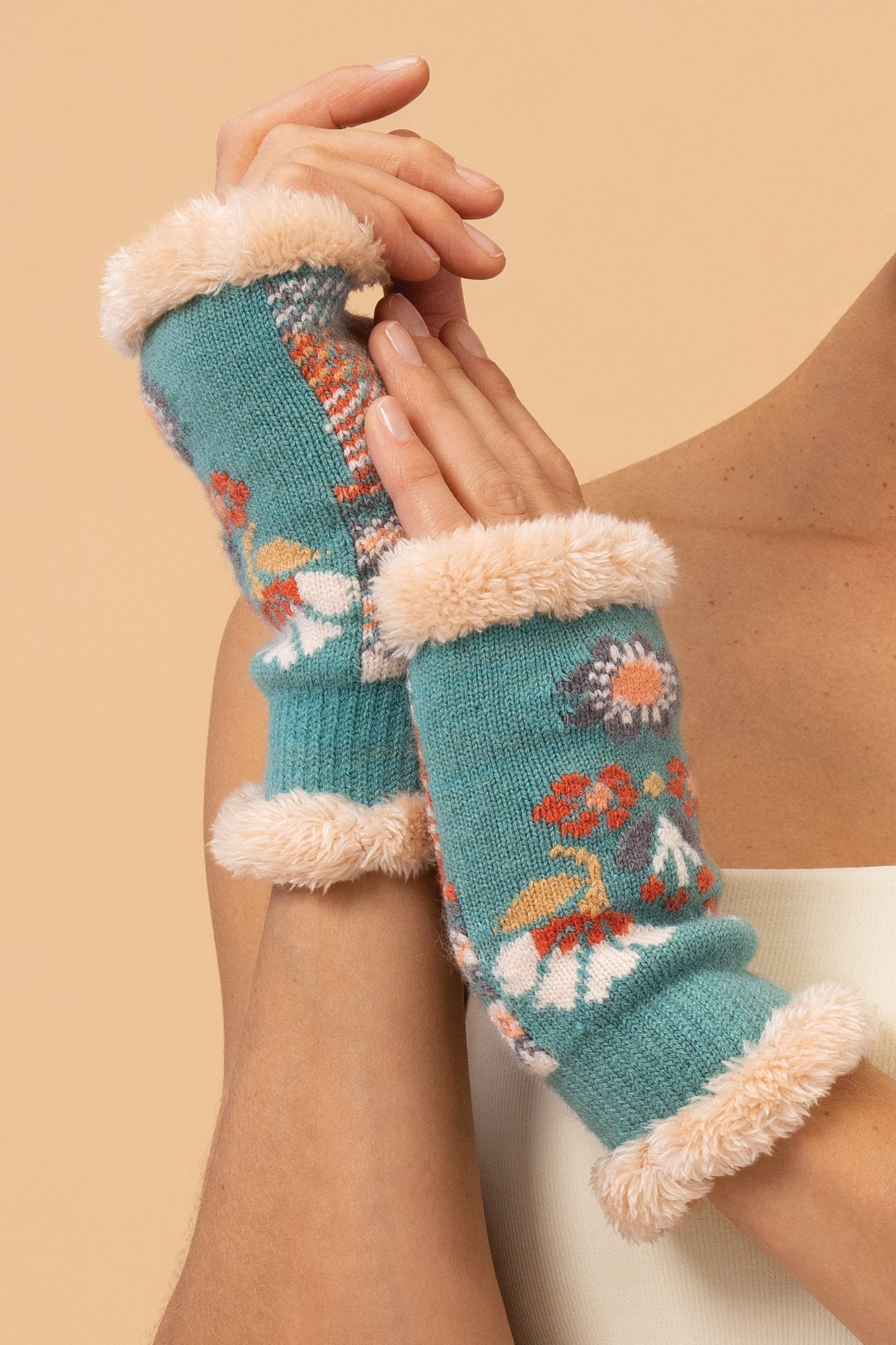 Powder Wrist Warmers Cosy Floral Aqua Blue - BouChic