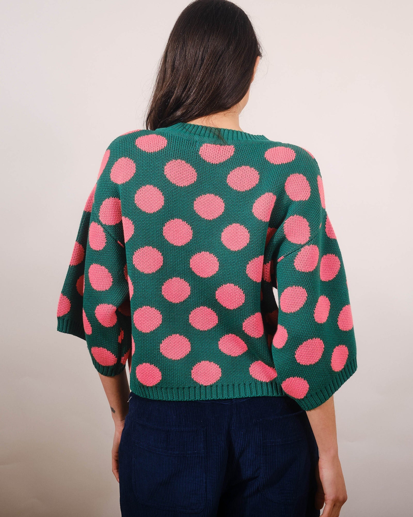Pretty Vacant Roma 3/4 Sleeve Green/Pink Polka Jumper - BouChic