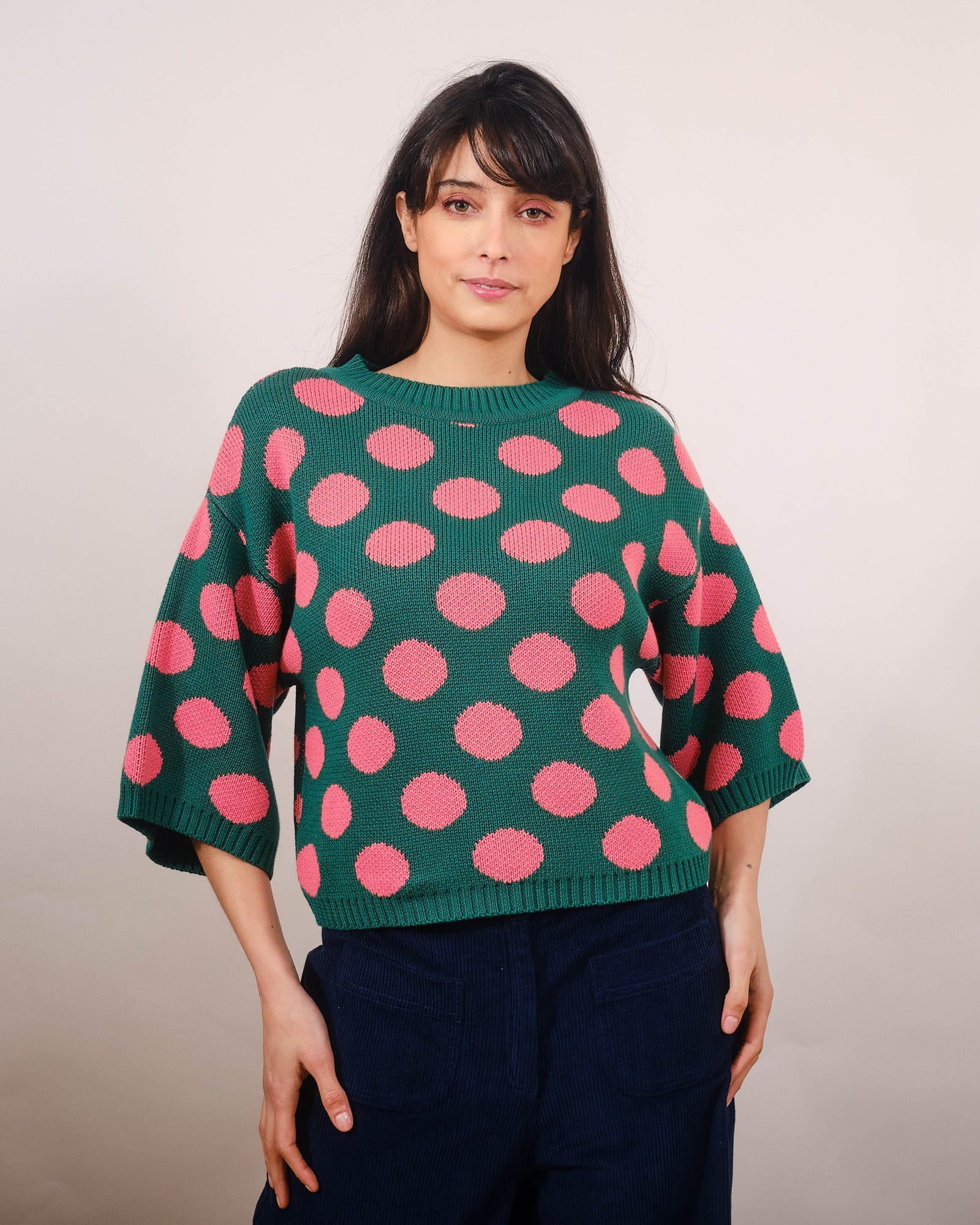 Pretty Vacant Roma 3/4 Sleeve Green/Pink Polka Jumper - BouChic