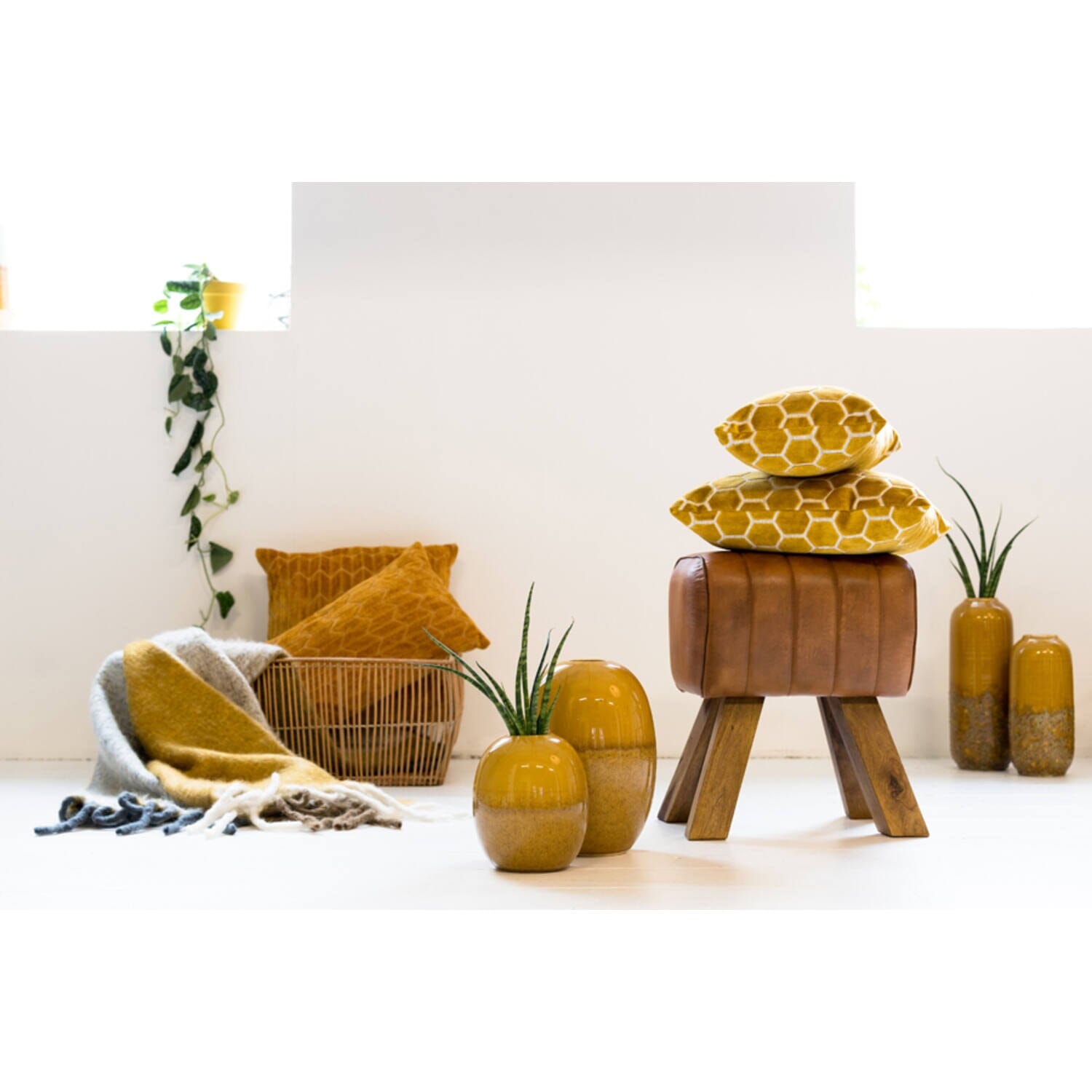 Ramy Leather Stool Brown - BouChic