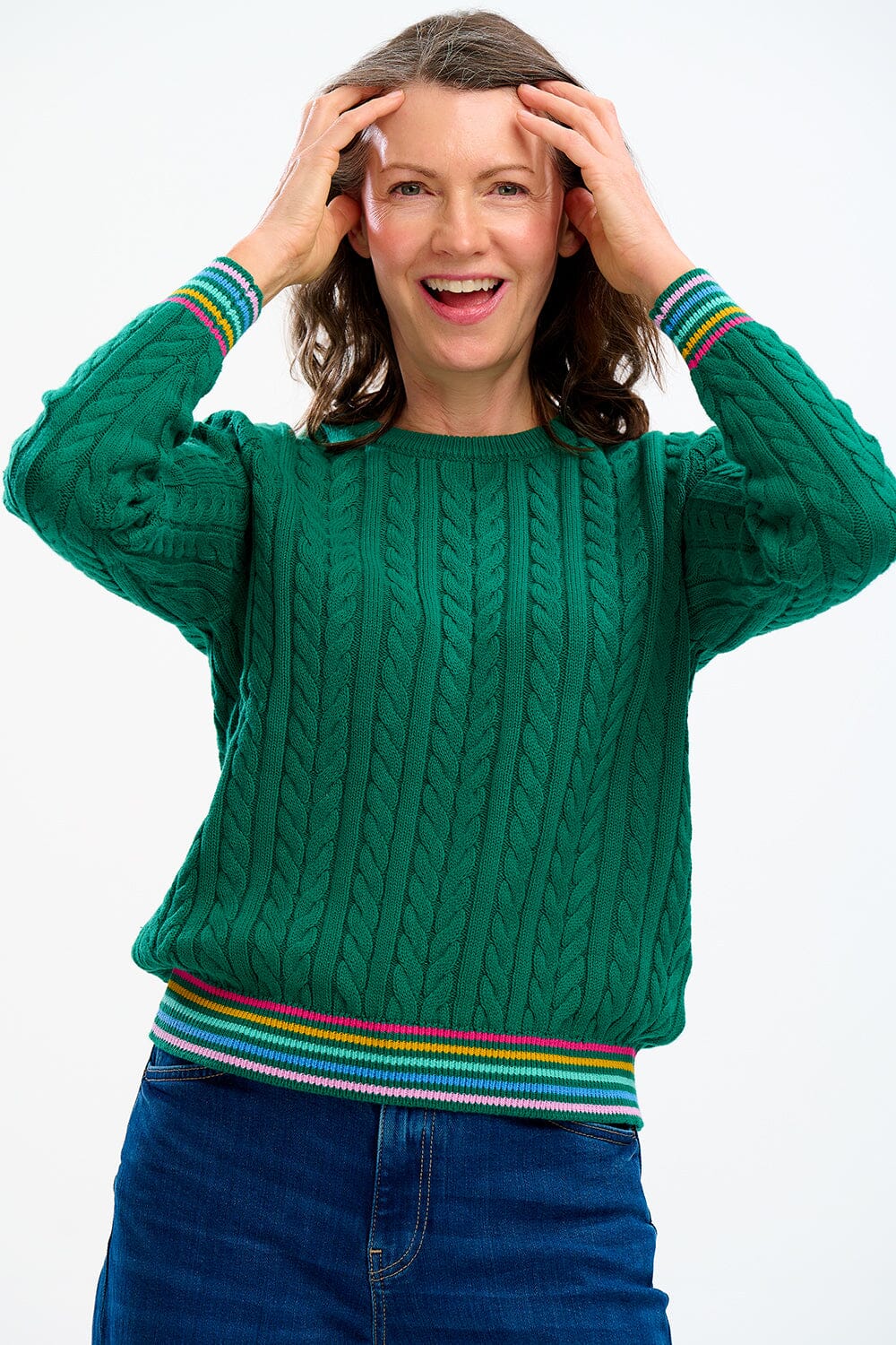 Sugarhill Barbara Cable Knit Jumper Green Rainbow Tipping - BouChic