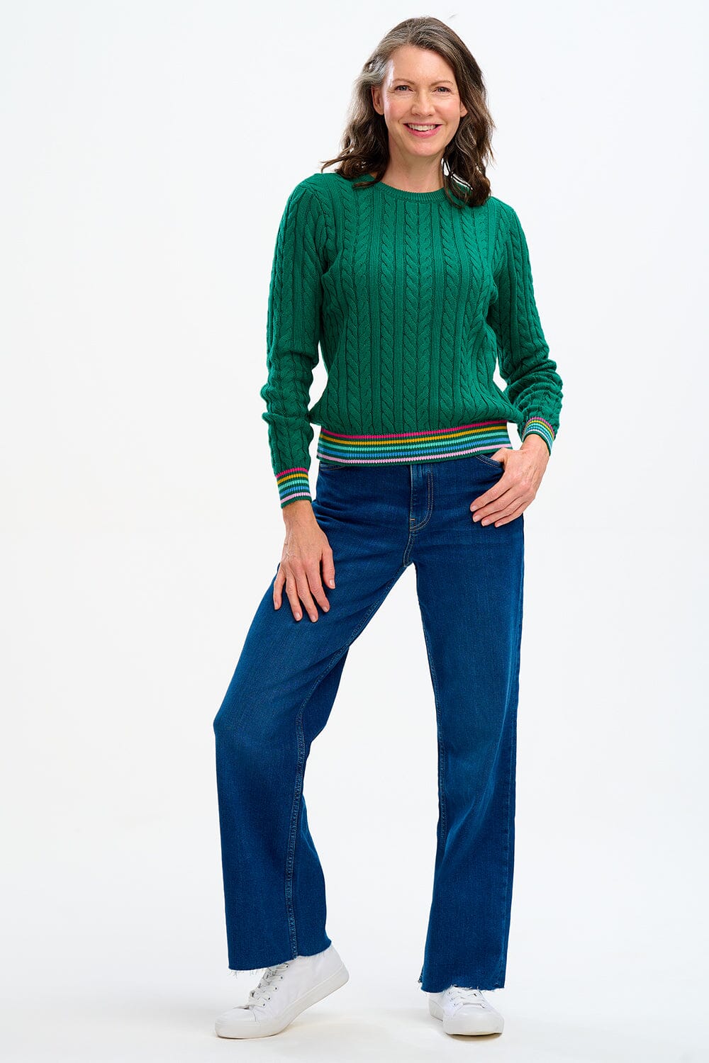 Sugarhill Barbara Cable Knit Jumper Green Rainbow Tipping - BouChic 
