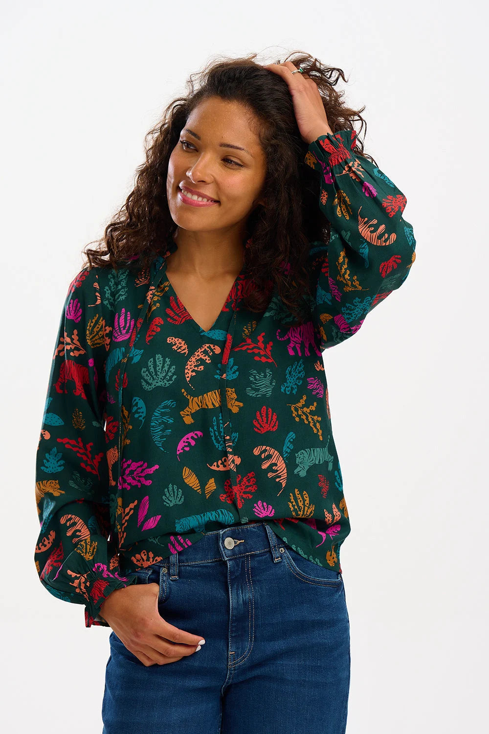 Sugarhill Candice Frill Blouse Dark Green Tiger Cutouts - BouChic 