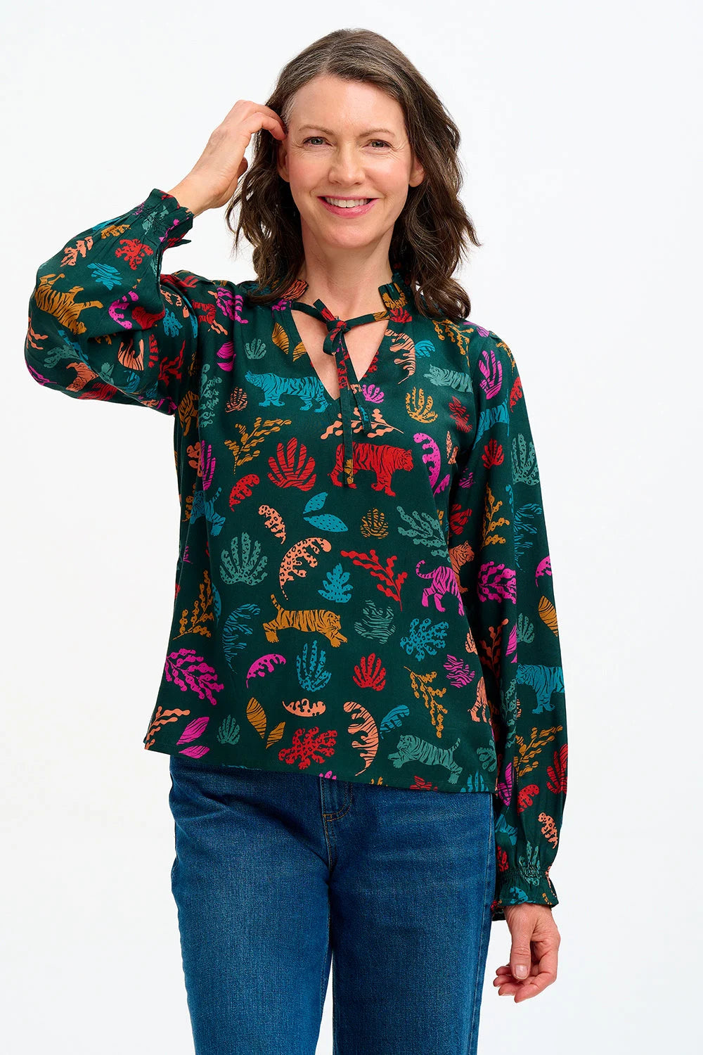 Sugarhill Candice Frill Blouse Dark Green Tiger Cutouts - BouChic 