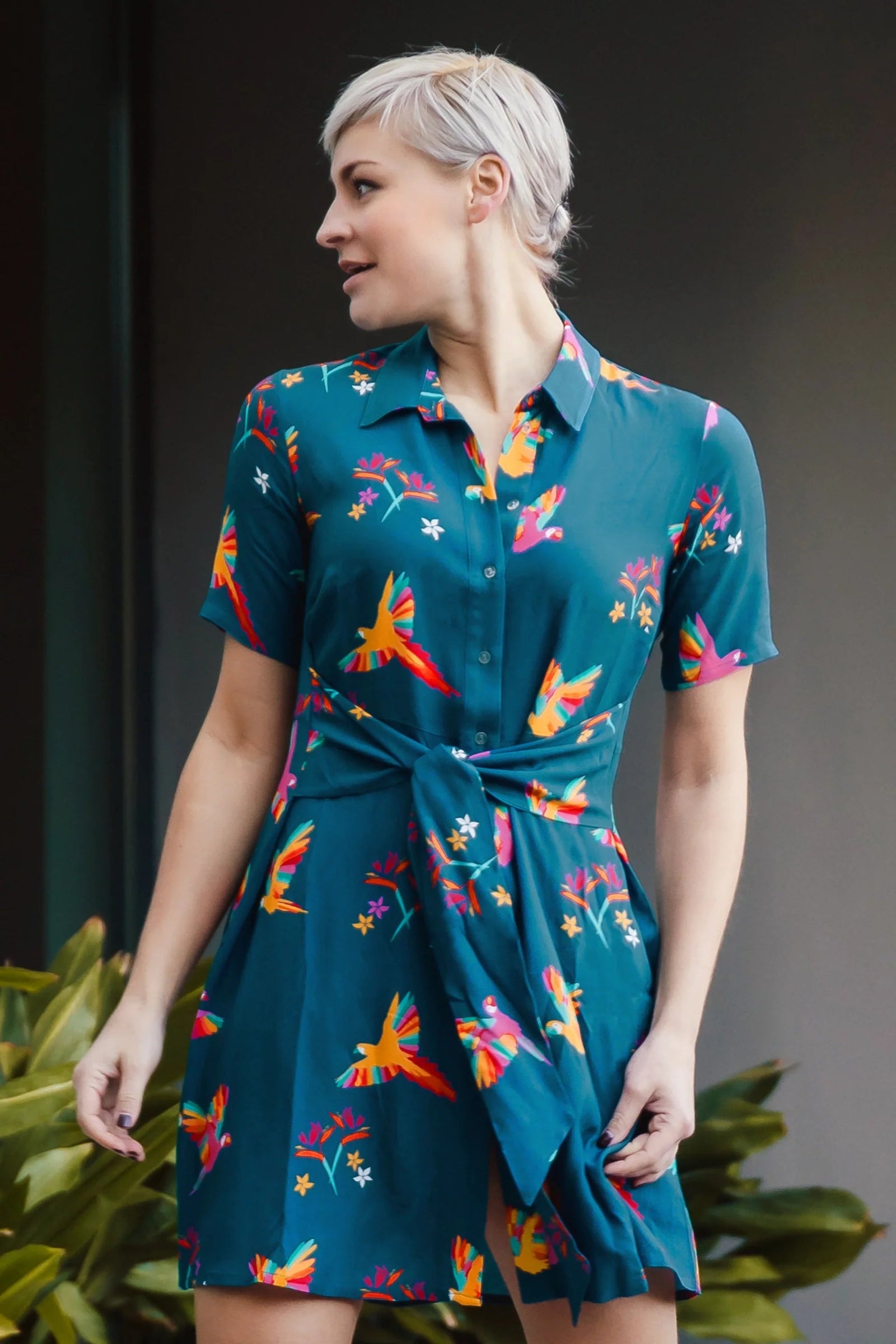 Sugarhill Dessie Dress Teal Rainbow Parrots - BouChic 