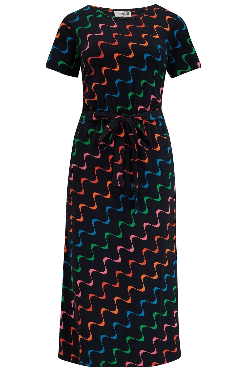 Sugarhill Flissy Jersey Midi Dress - Black, Undulating Waves - BouChic 