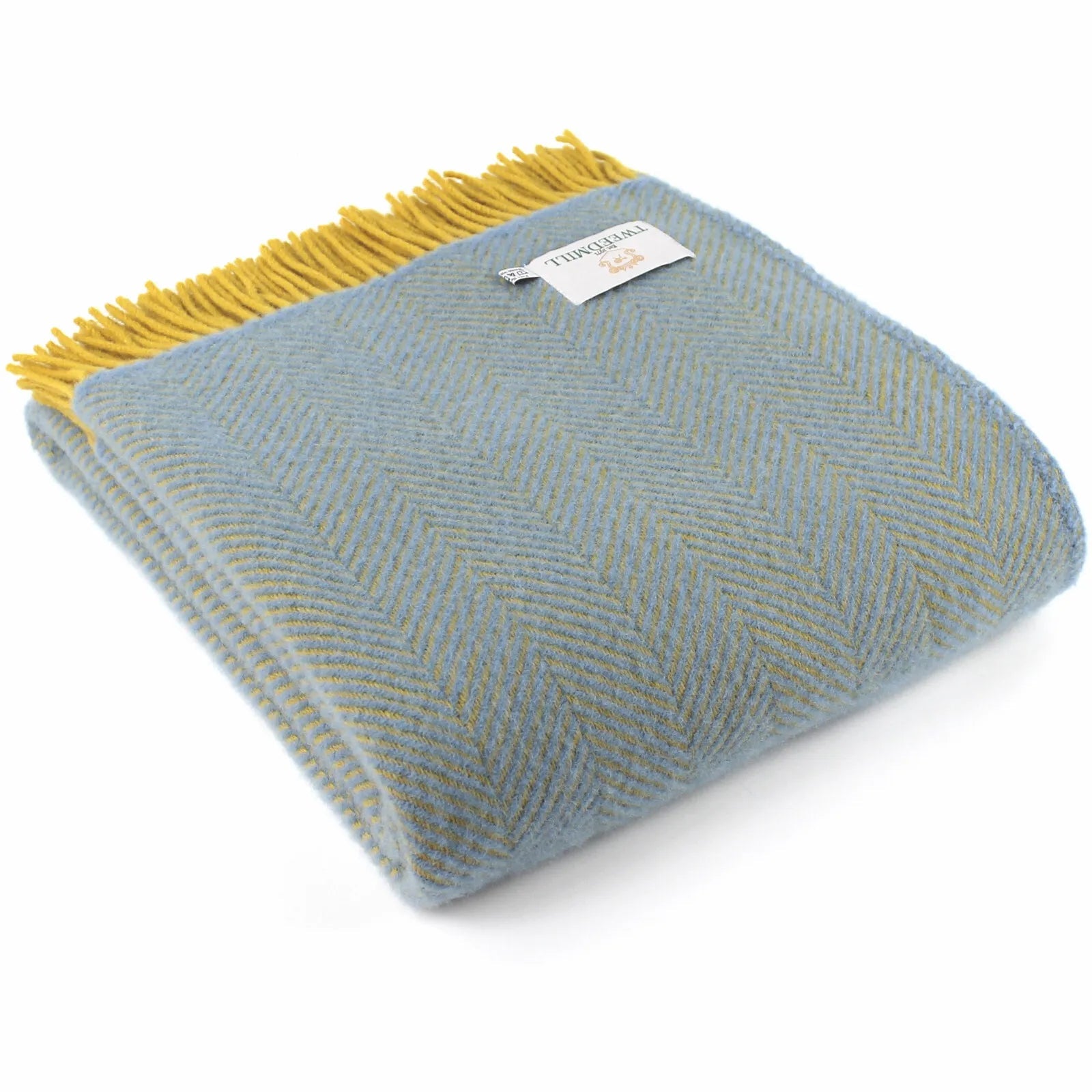 Tweedmill Throw Herringbone Blue Weave/ Yellow Fringe - BouChic 