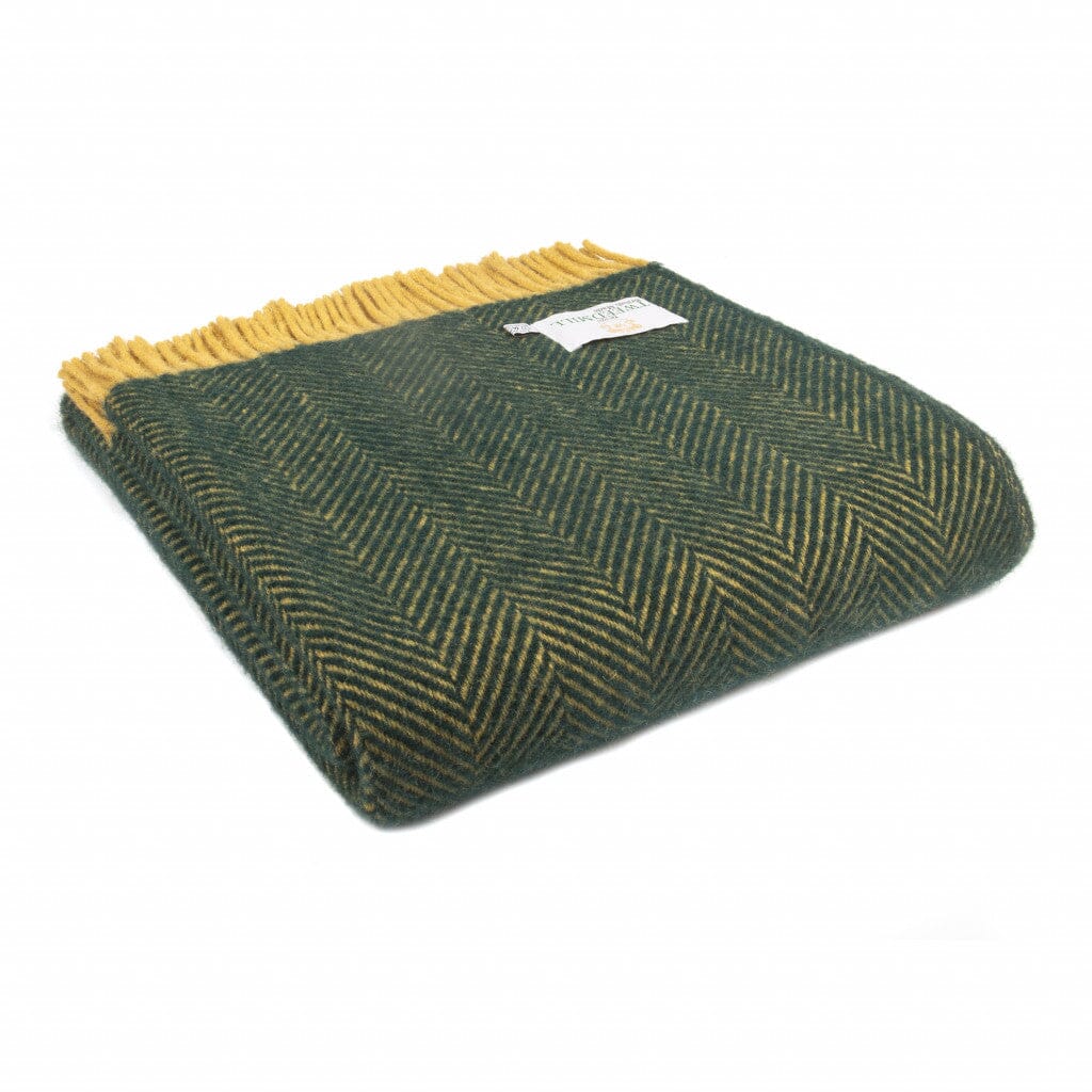 Tweedmill Throw New Pure Wool Herringbone - Emerald Green/Mustard - BouChic 