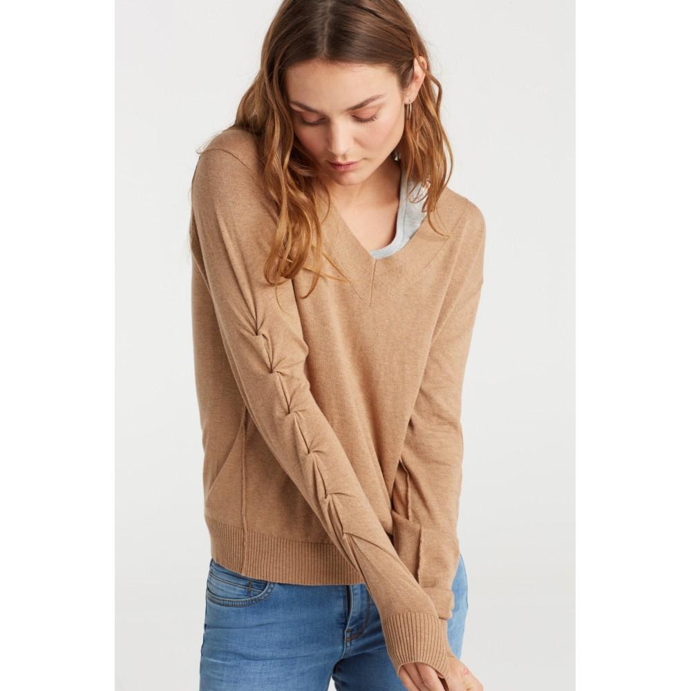 Beige Sweater with Ruched Sleeves - BouChic 