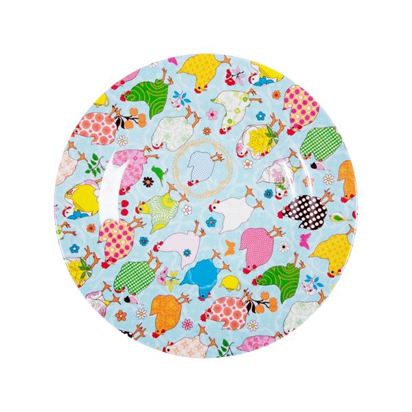 Melamine Round Side Plate Hens On Light Blue - BouChic 