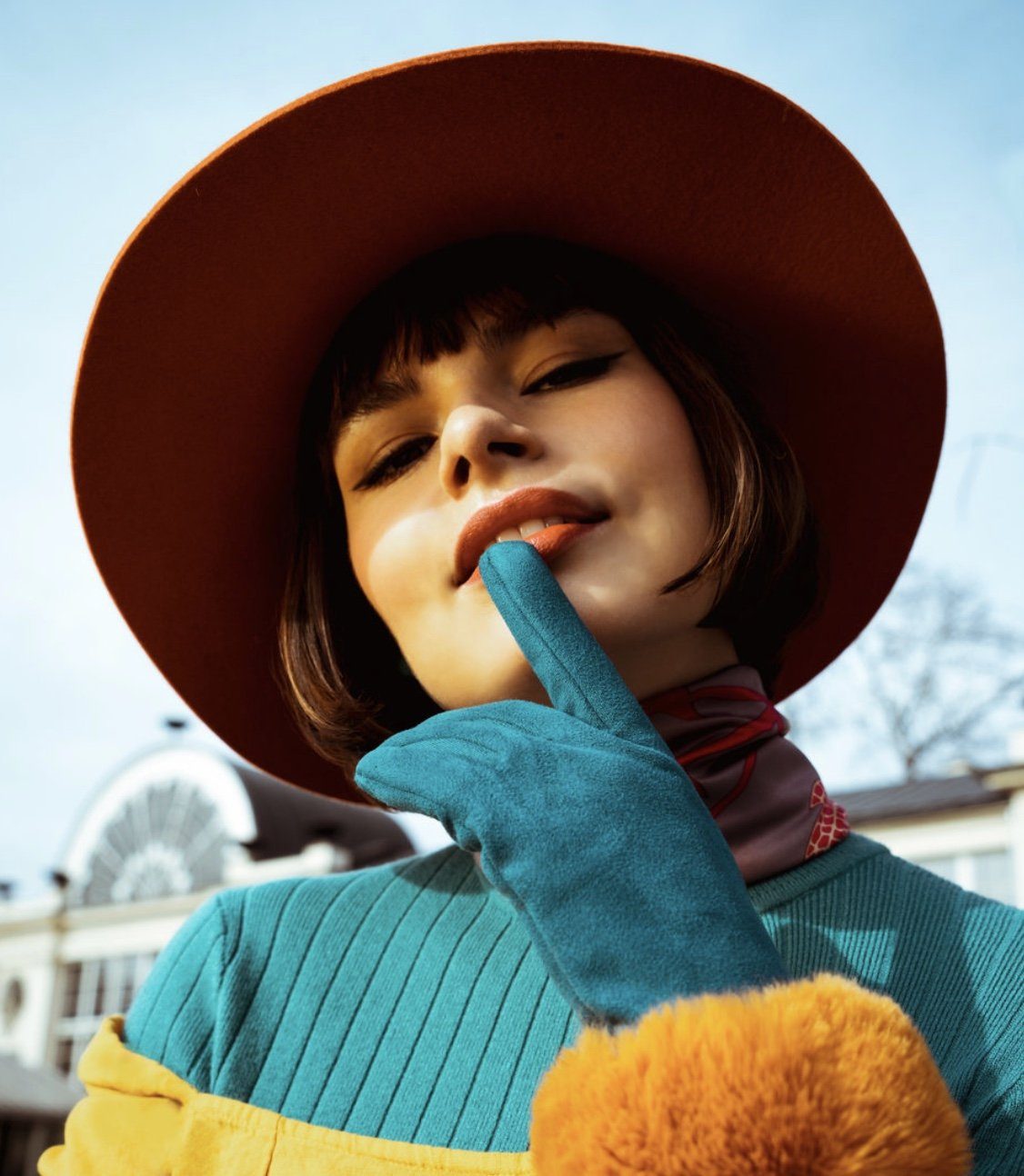 Ladies Bettina Faux Suede Gloves Mustard/Teal - BouChic 