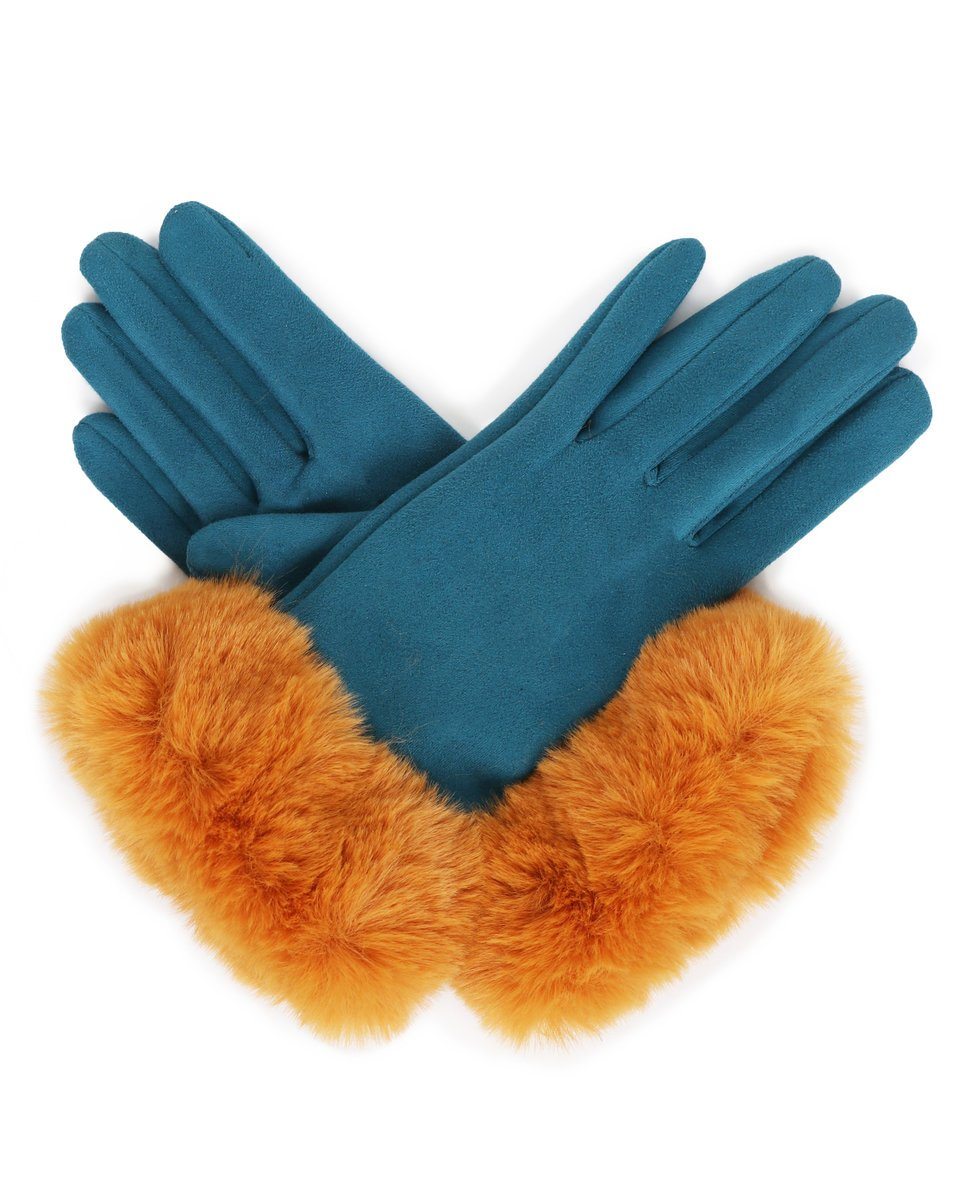 Ladies Bettina Faux Suede Gloves Mustard/Teal - BouChic 