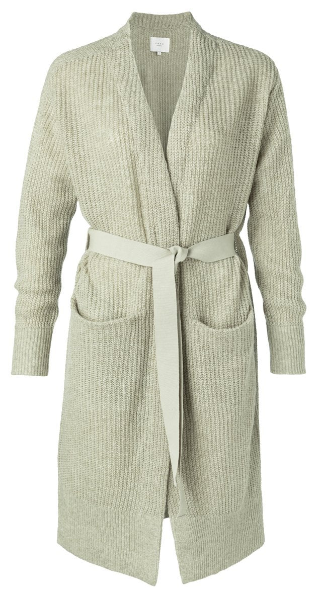 Long Belted Cardigan Dessert Green Melange - BouChic 