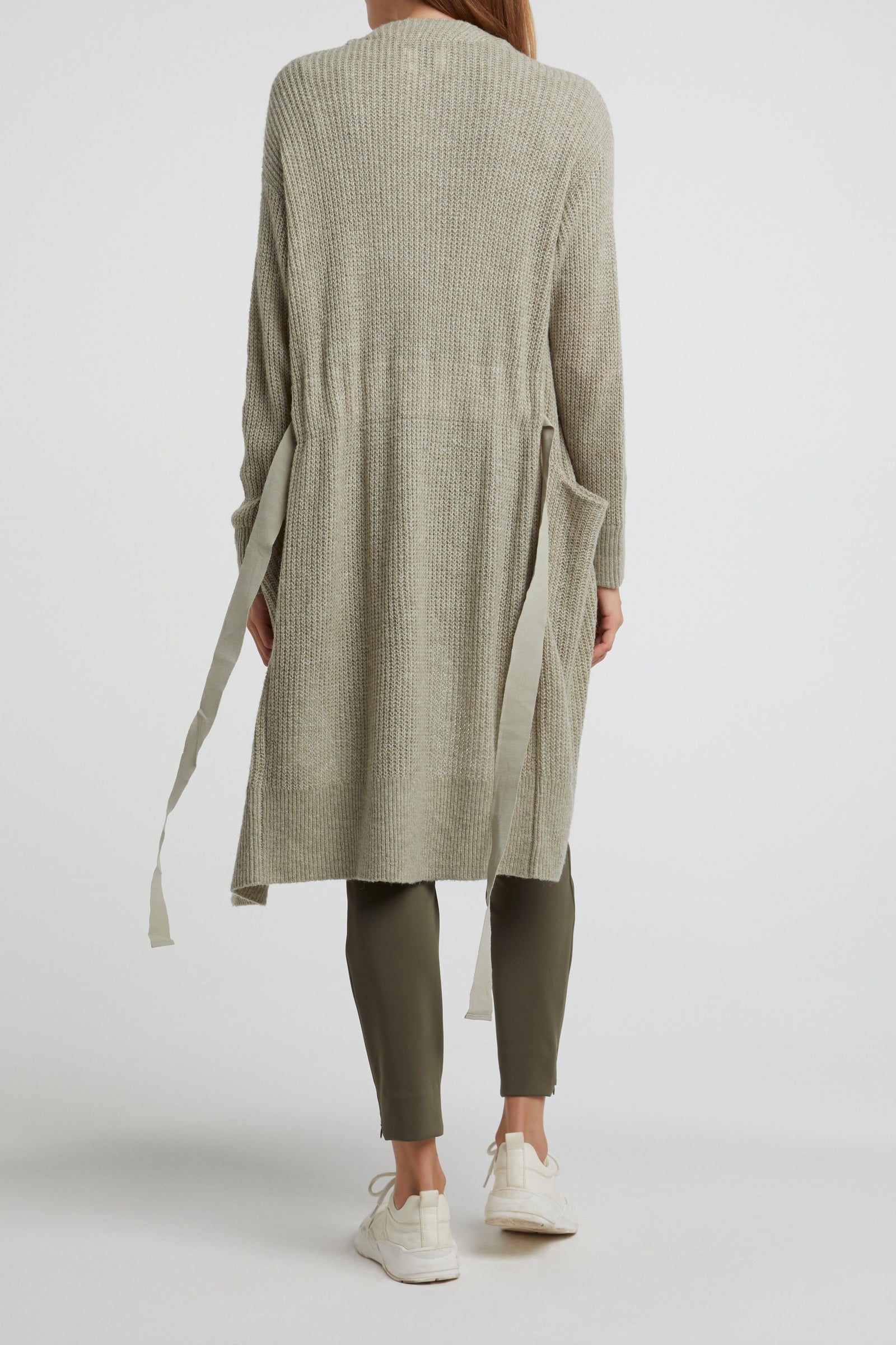 Long Belted Cardigan Dessert Green Melange - BouChic 