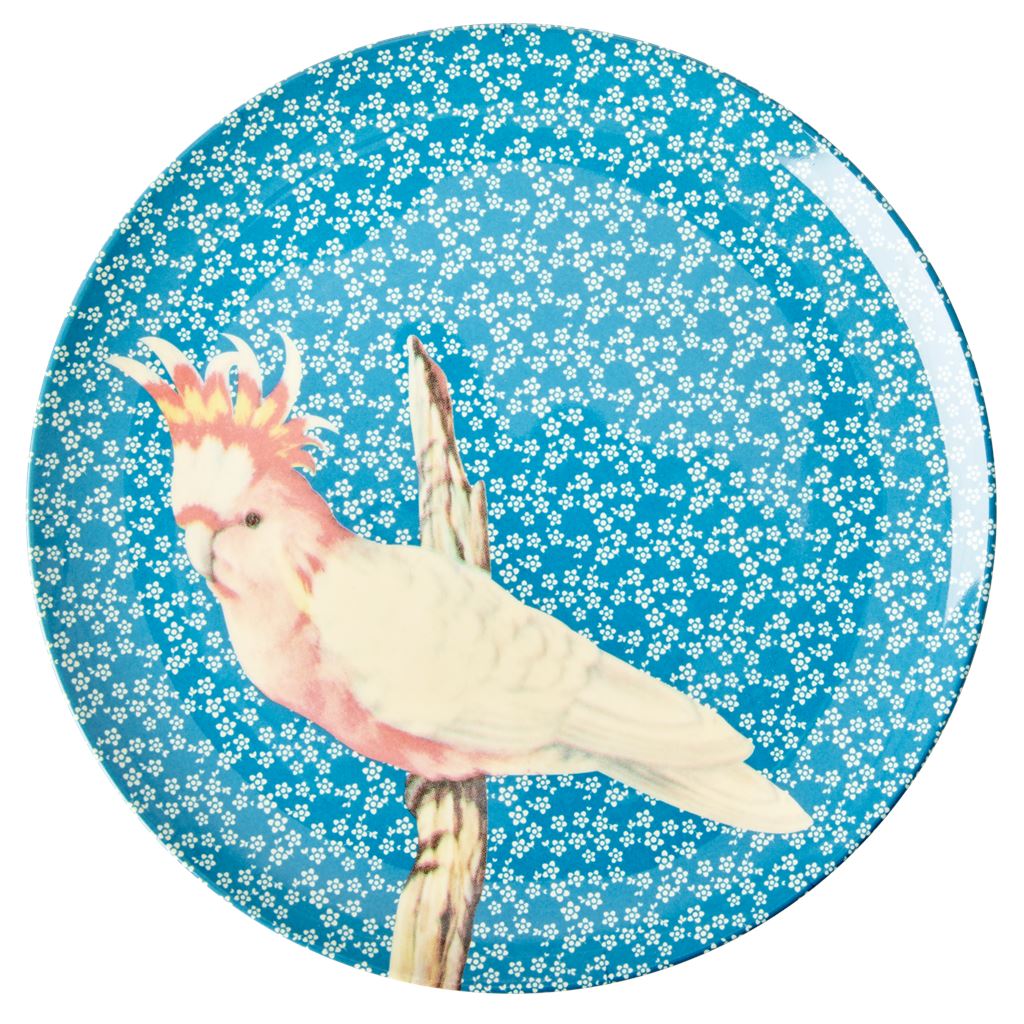 Melamine Large Round Plate Pink Bird On Blue - White Flowers - BouChic 