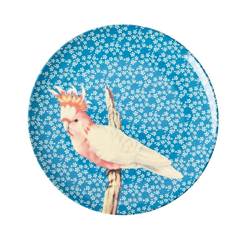 Melamine Small Round Plate Pink Bird On Blue - White Flowers - BouChic 