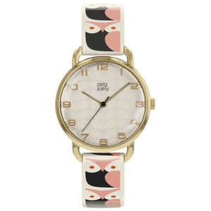 Orla Kiely Owl Leather Strap Watch Pink and Black - BouChic 