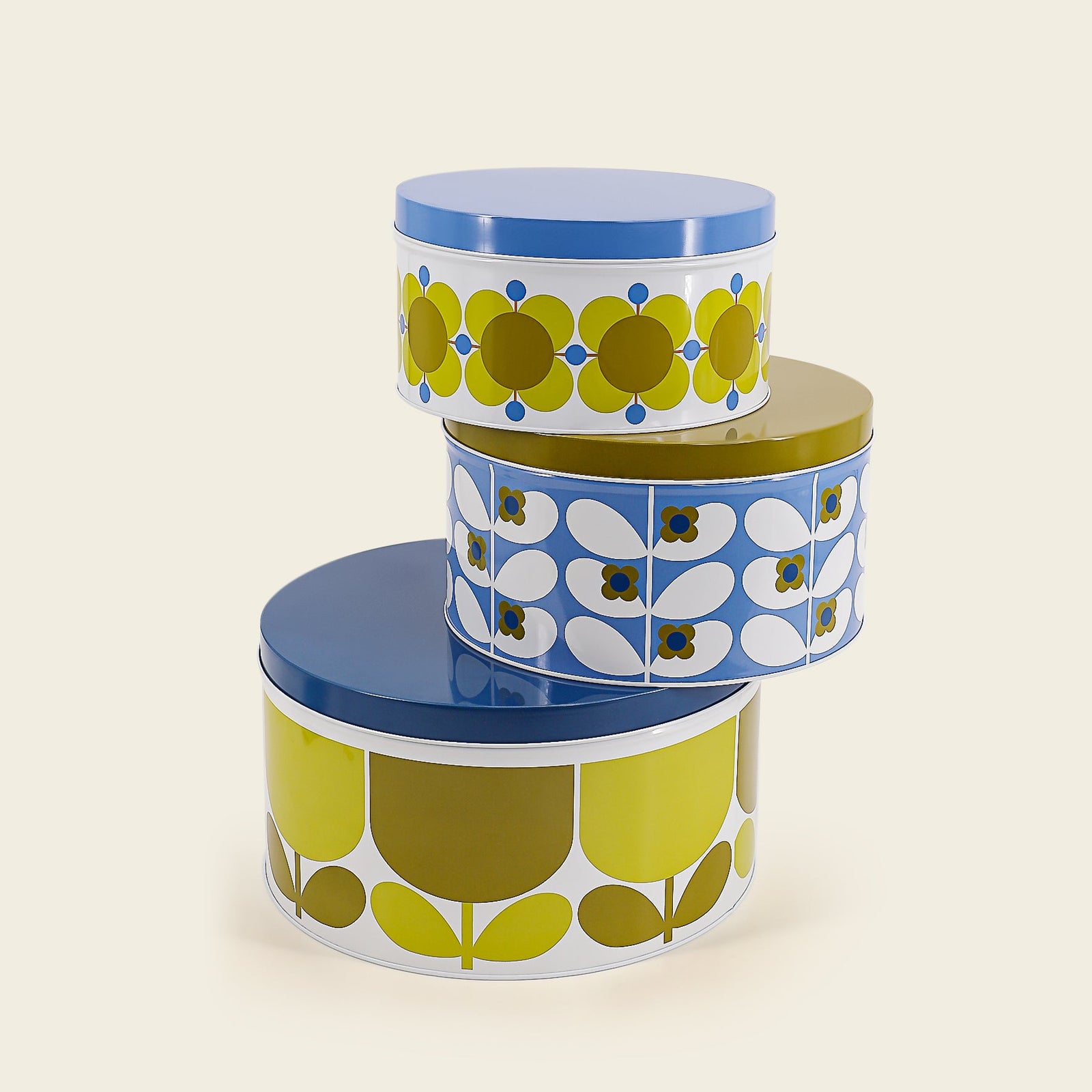 Orla Kiely Set of 3 Round Nesting Cake Tins Sunflower Yellow Sky Blue - BouChic 