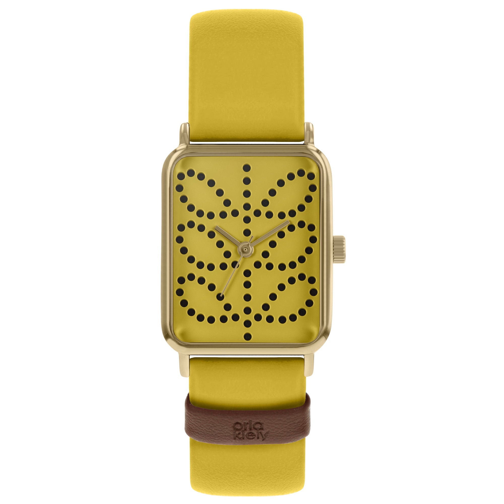 Orla Kiely Stem Print Tank Dial Mustard Yellow Leather Strap Watch - BouChic 