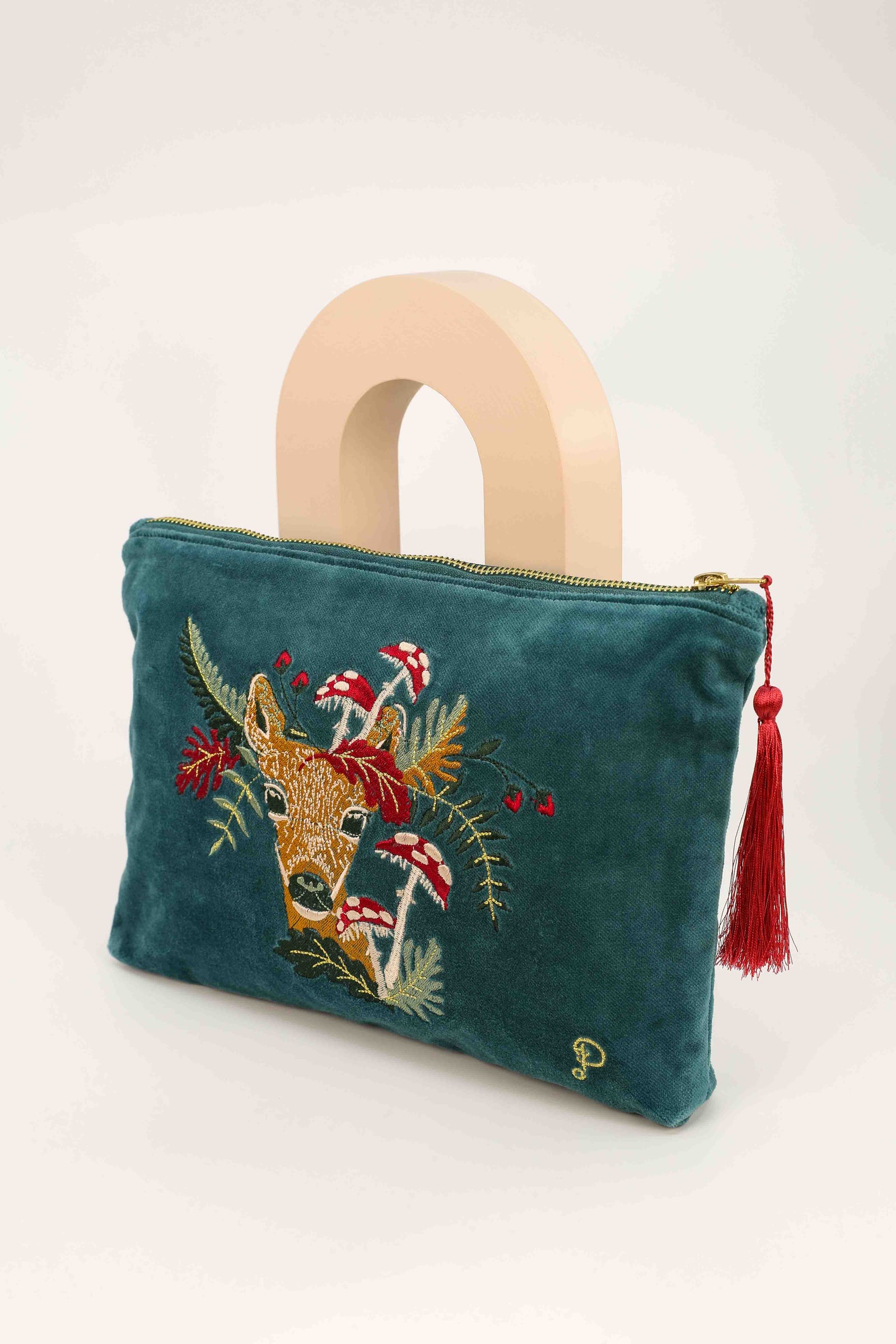 Powder Doe with Toadstools Velvet Zip Pouch Teal - BouChic 