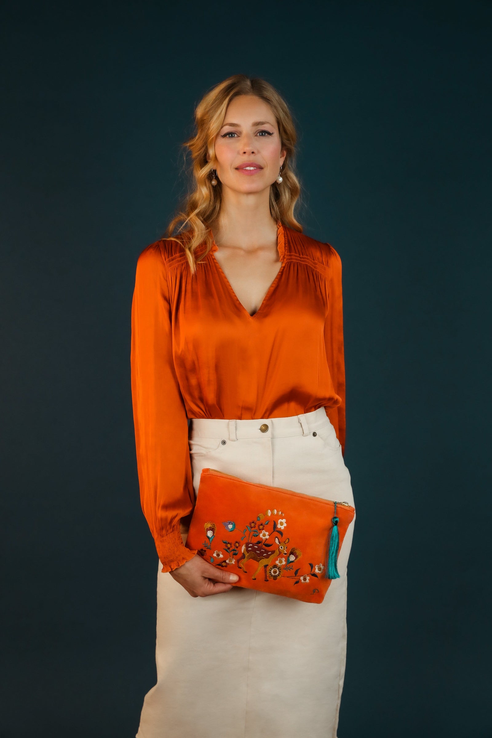 Powder Fawn in Meadow Velvet Zip Pouch Orange - BouChic 