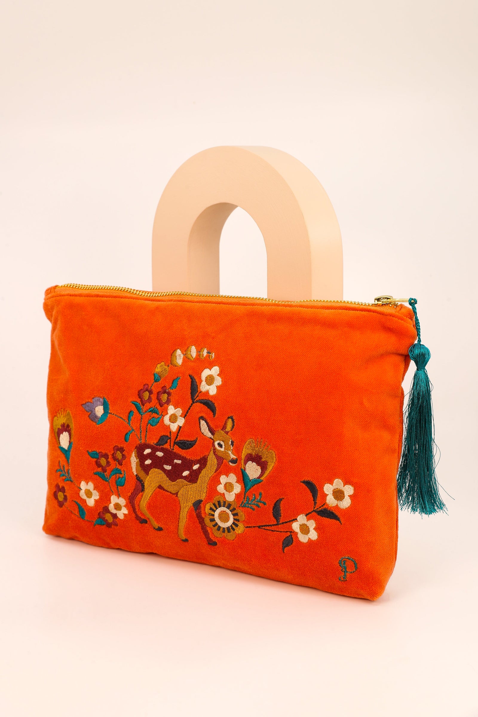 Powder Fawn in Meadow Velvet Zip Pouch Orange - BouChic 