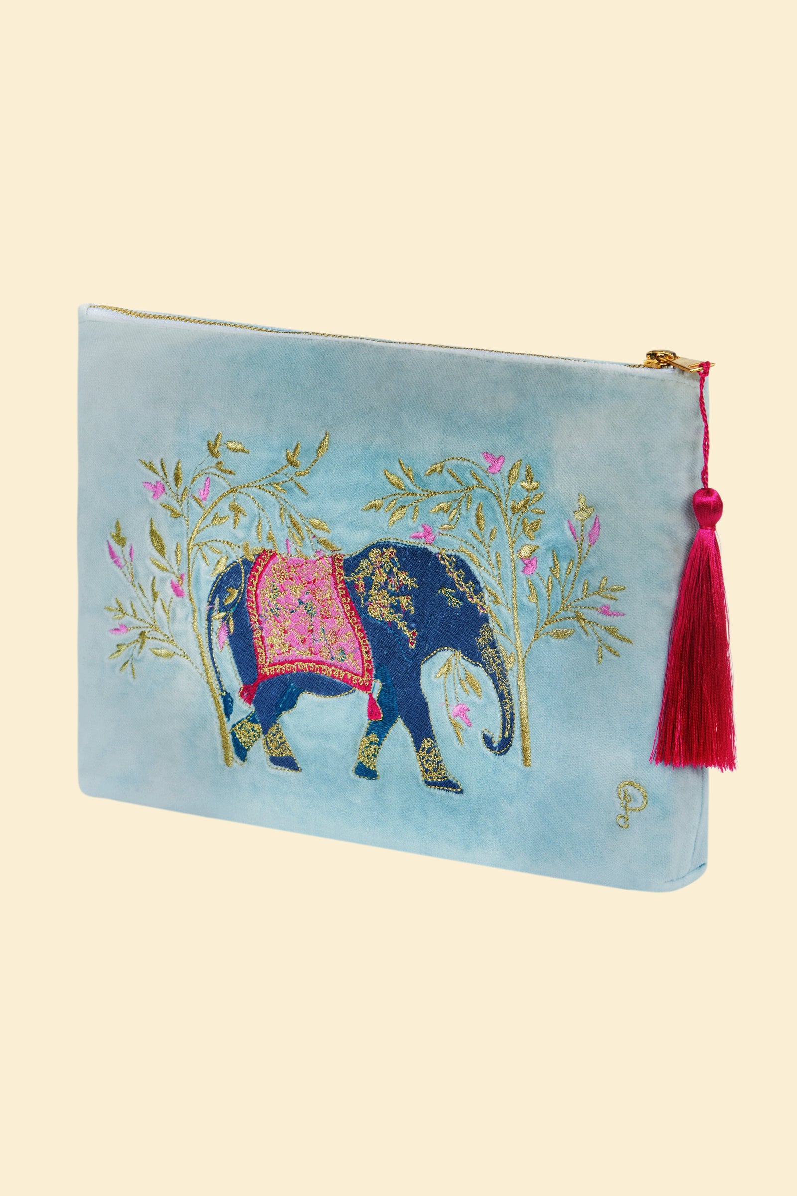 Powder Velvet Zip Pouch Elephant Cornflower Blue - BouChic 