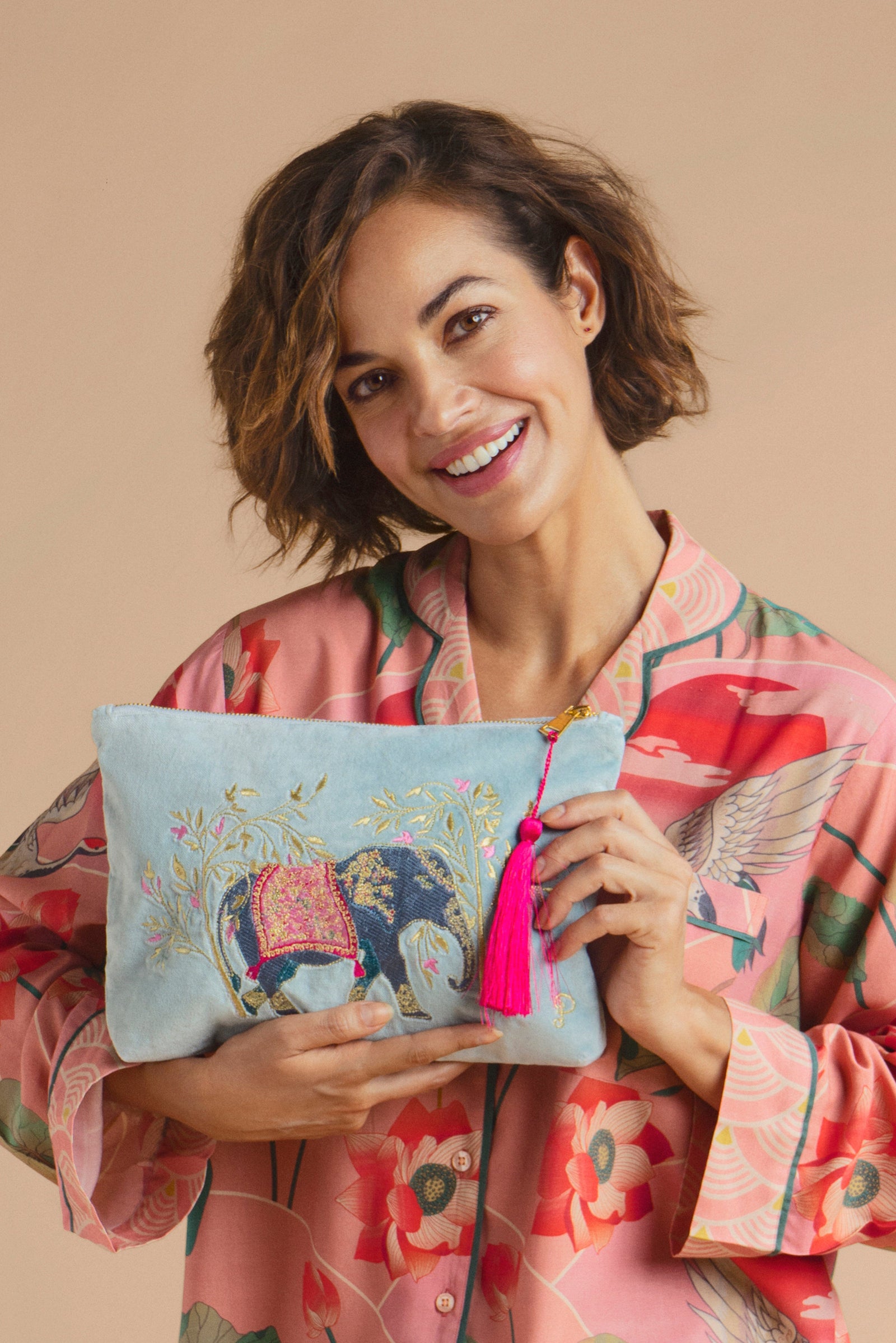 Powder Velvet Zip Pouch Elephant Cornflower Blue - BouChic 