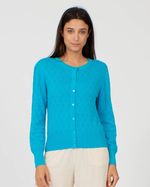 Pretty Vacant Long Sleeve Pointelle Cardigan Peacock Blue - BouChic 