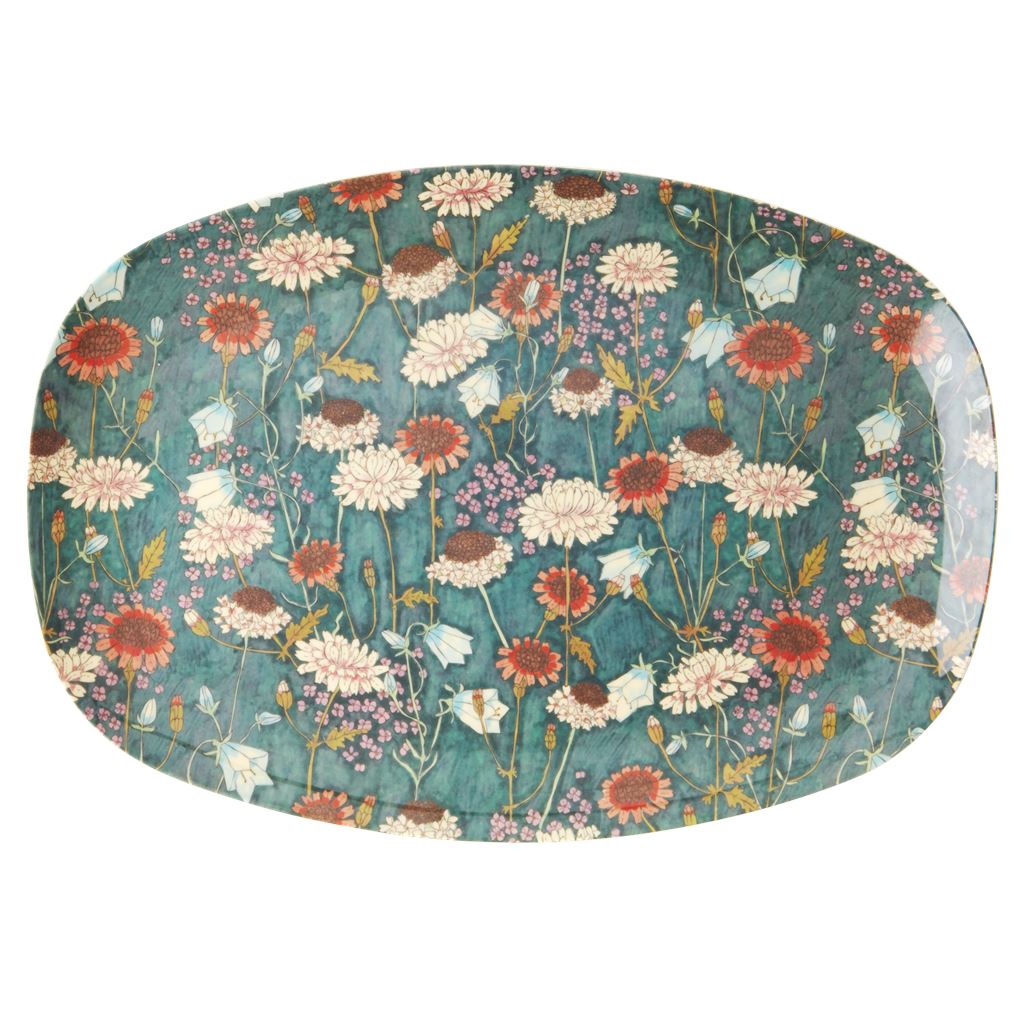 Rectangular Melamine Plate Floral on Blue/Green - BouChic 
