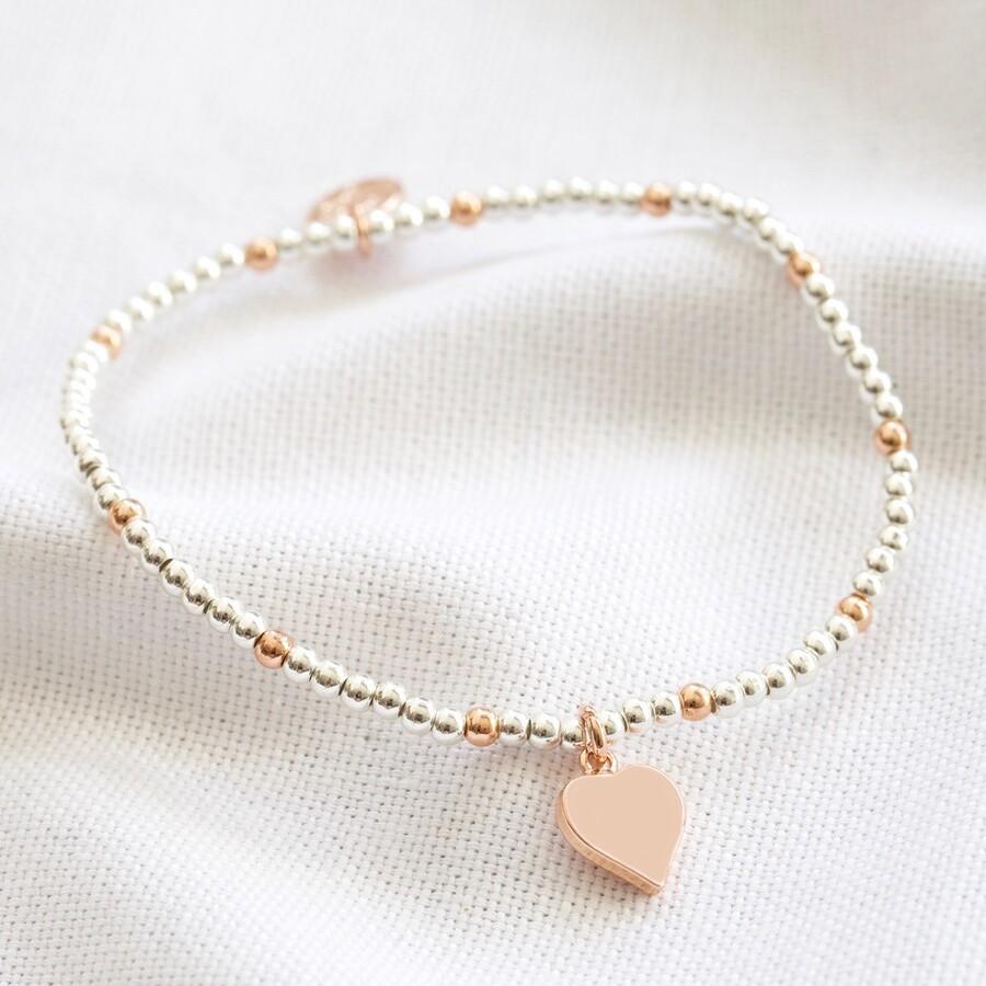 Rose Gold and Silver Beaded Heart Charm Bracelet - BouChic 