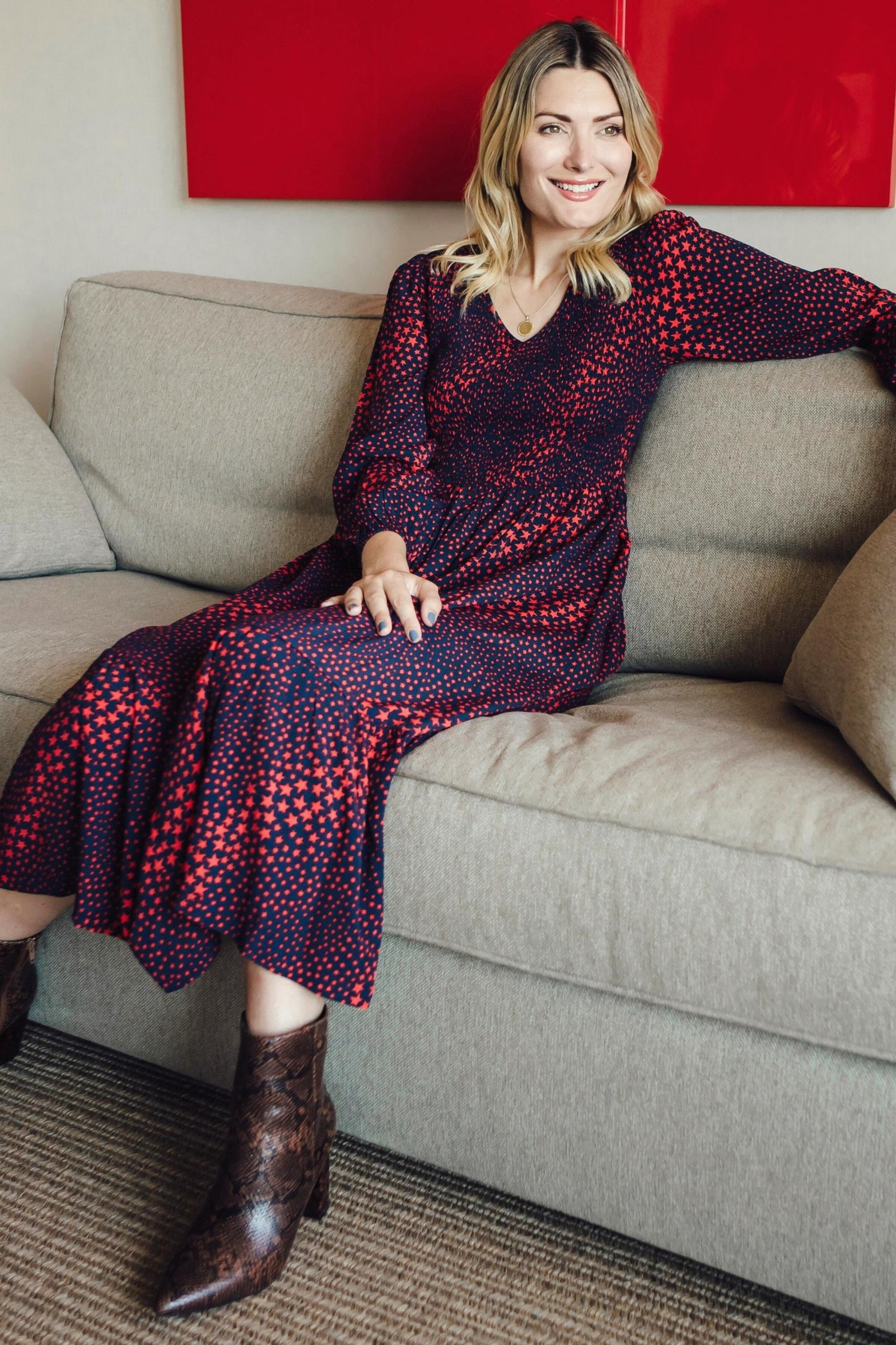 Sugarhill Amberly Midi Shirred Dress - Navy, Star Galaxy Waves - BouChic 