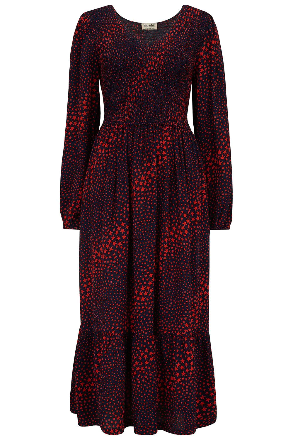 Sugarhill Amberly Midi Shirred Dress - Navy, Star Galaxy Waves - BouChic 