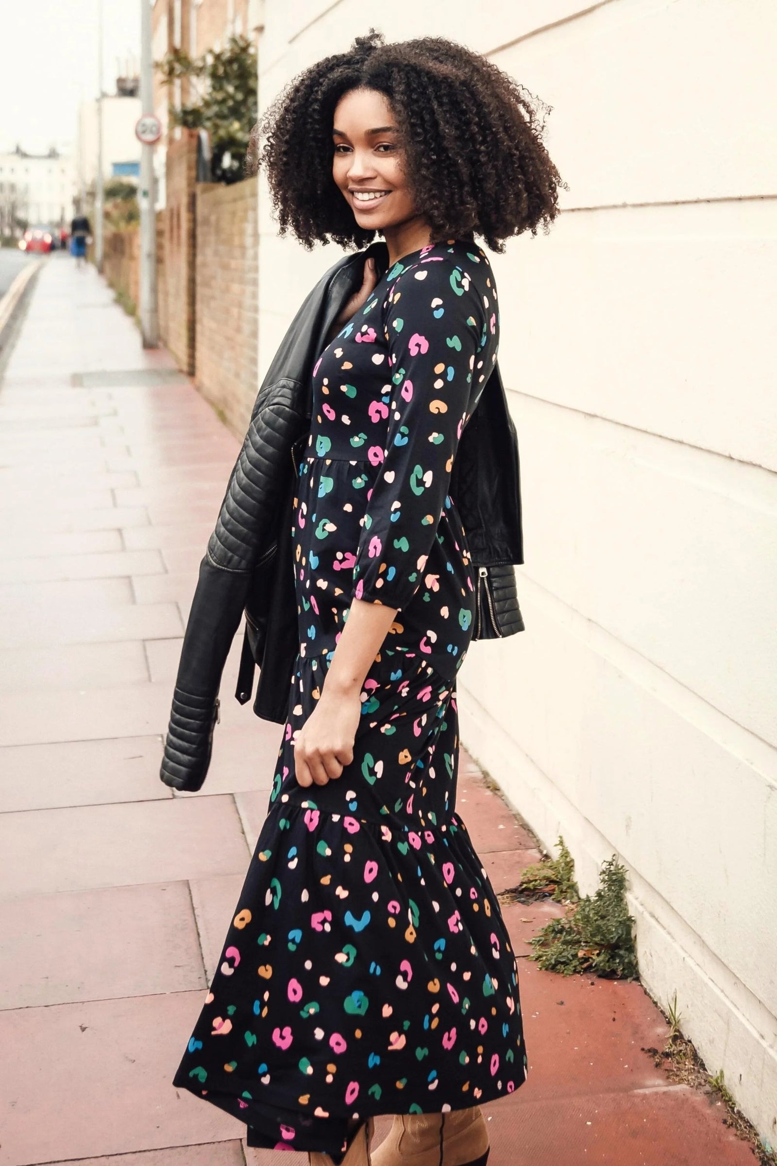 Sugarhill Bakari Jersey Maxi Smock Dress - Black, Paintbox Leopard - BouChic 