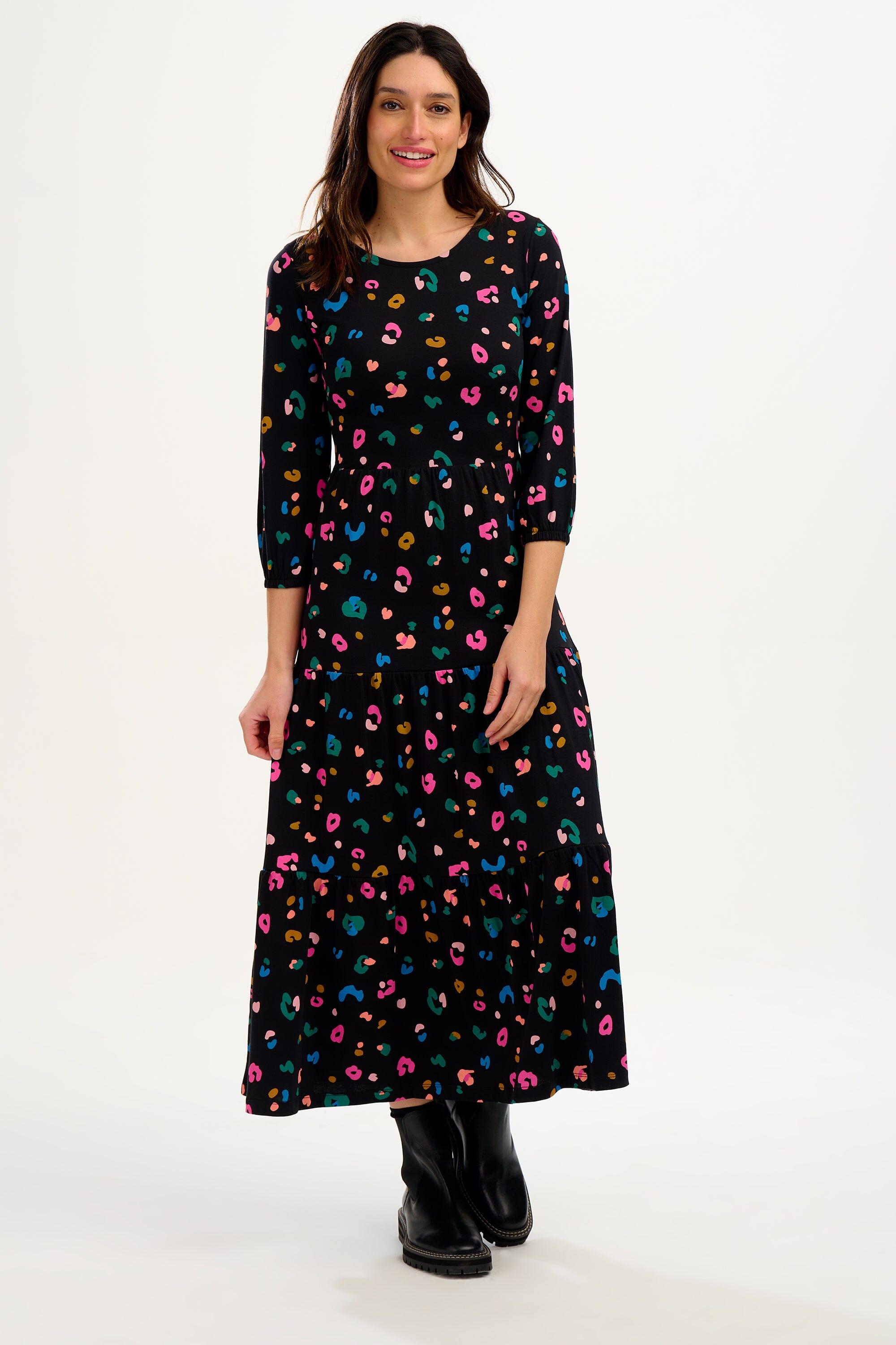 Sugarhill Bakari Jersey Maxi Smock Dress - Black, Paintbox Leopard
